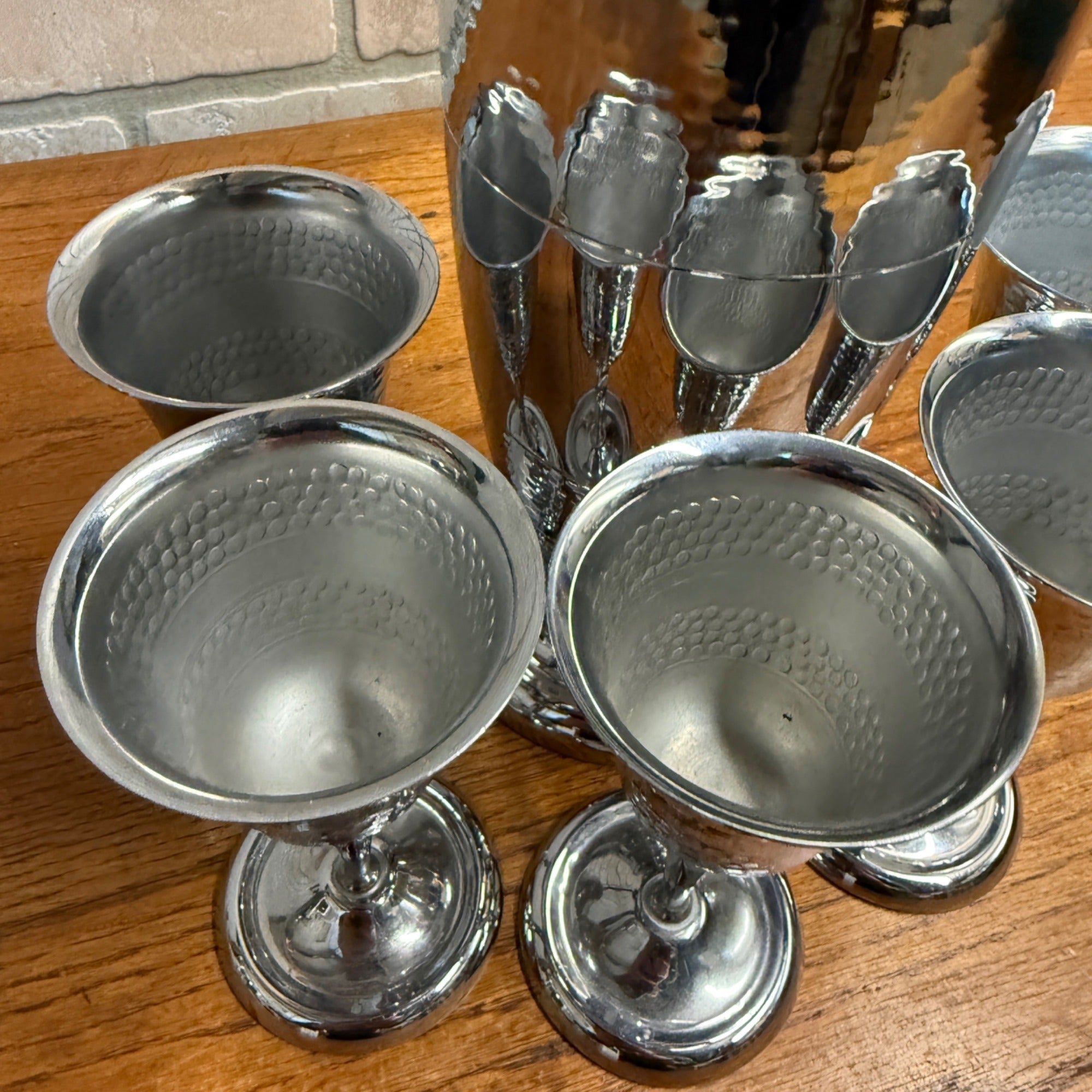 Vintage 1930s Art Deco Textured Chrome Cocktail Shaker 6pc Bar Set Stemmed Glass