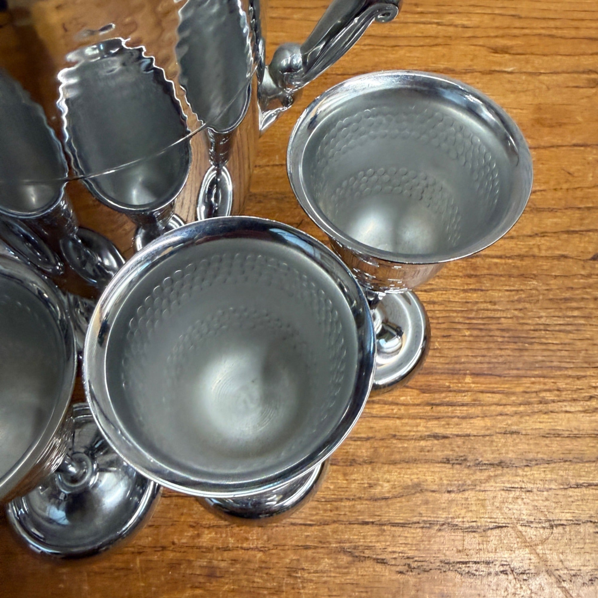 Vintage 1930s Art Deco Textured Chrome Cocktail Shaker 6pc Bar Set Stemmed Glass