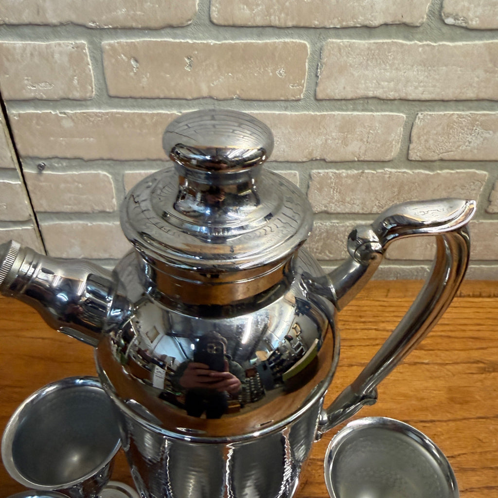 Vintage 1930s Art Deco Textured Chrome Cocktail Shaker 6pc Bar Set Stemmed Glass