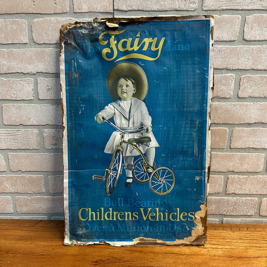 Vintage "The Fairy Line" Toy Vehicles Bicycles Tricycle Paper Litho Sign Poster