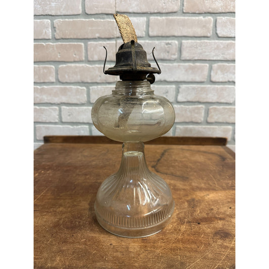 Antique Early Pressed Glass EAPG Pedestal Base Oil Lamp 12-Sided + Burner