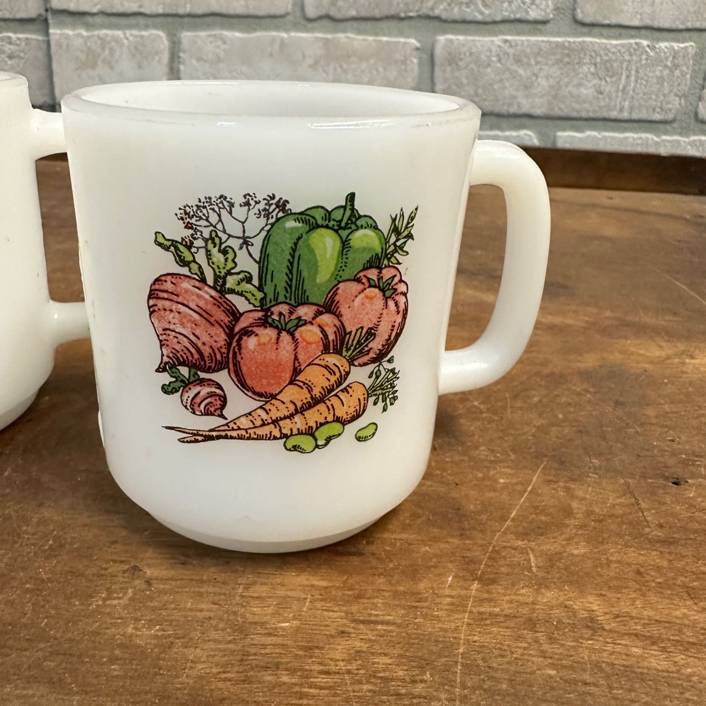 Vintage (2) Glasbake Milk Glass Vegetable Harvest Pattern Stackable Mugs