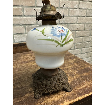 Antique Victorian Era Handpainted Milk Glass Oil Kerosene Lamp Blue Flowers Cast