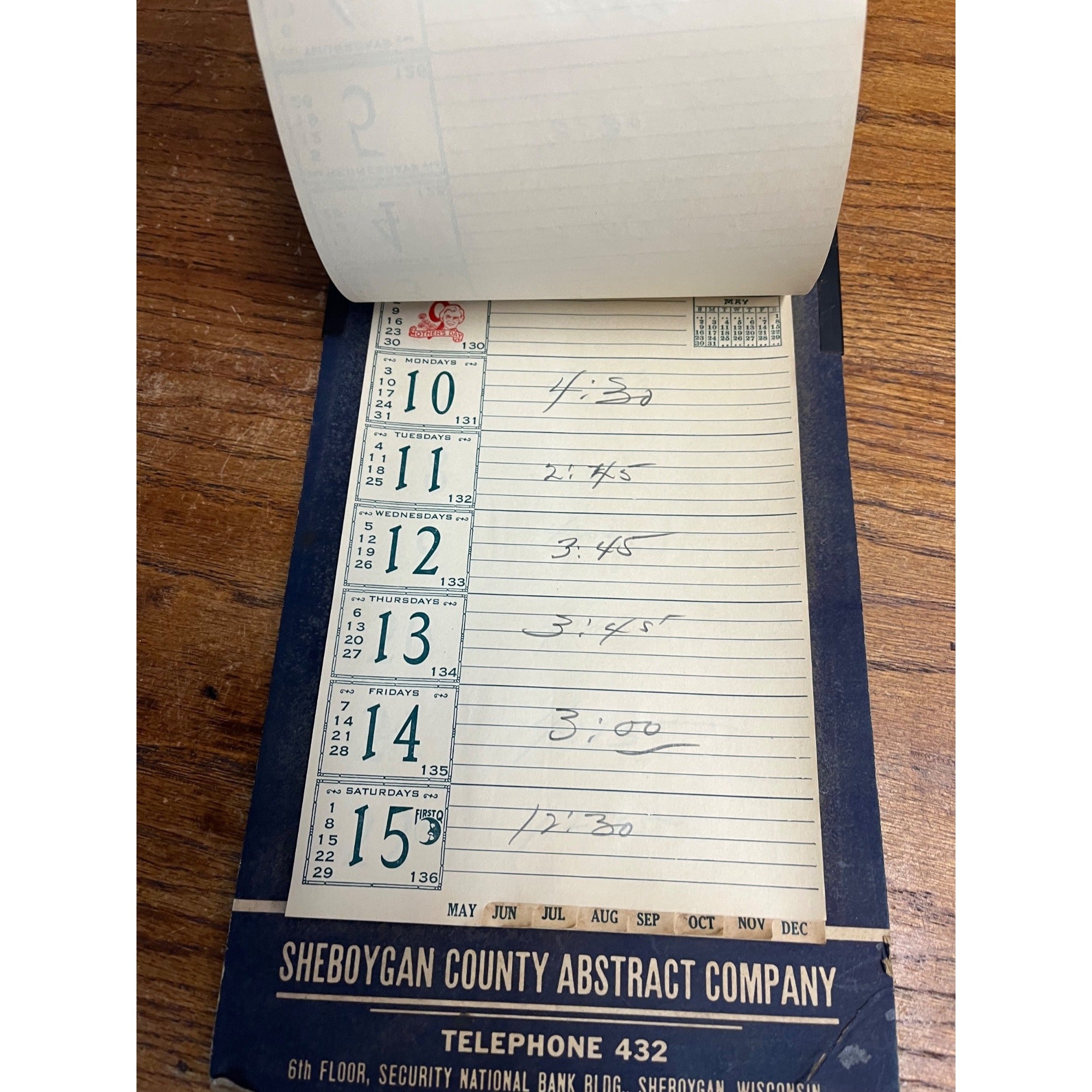 Vintage 1948 Sheboygan County Abstract Company Advertising Weekly Memo Calendar