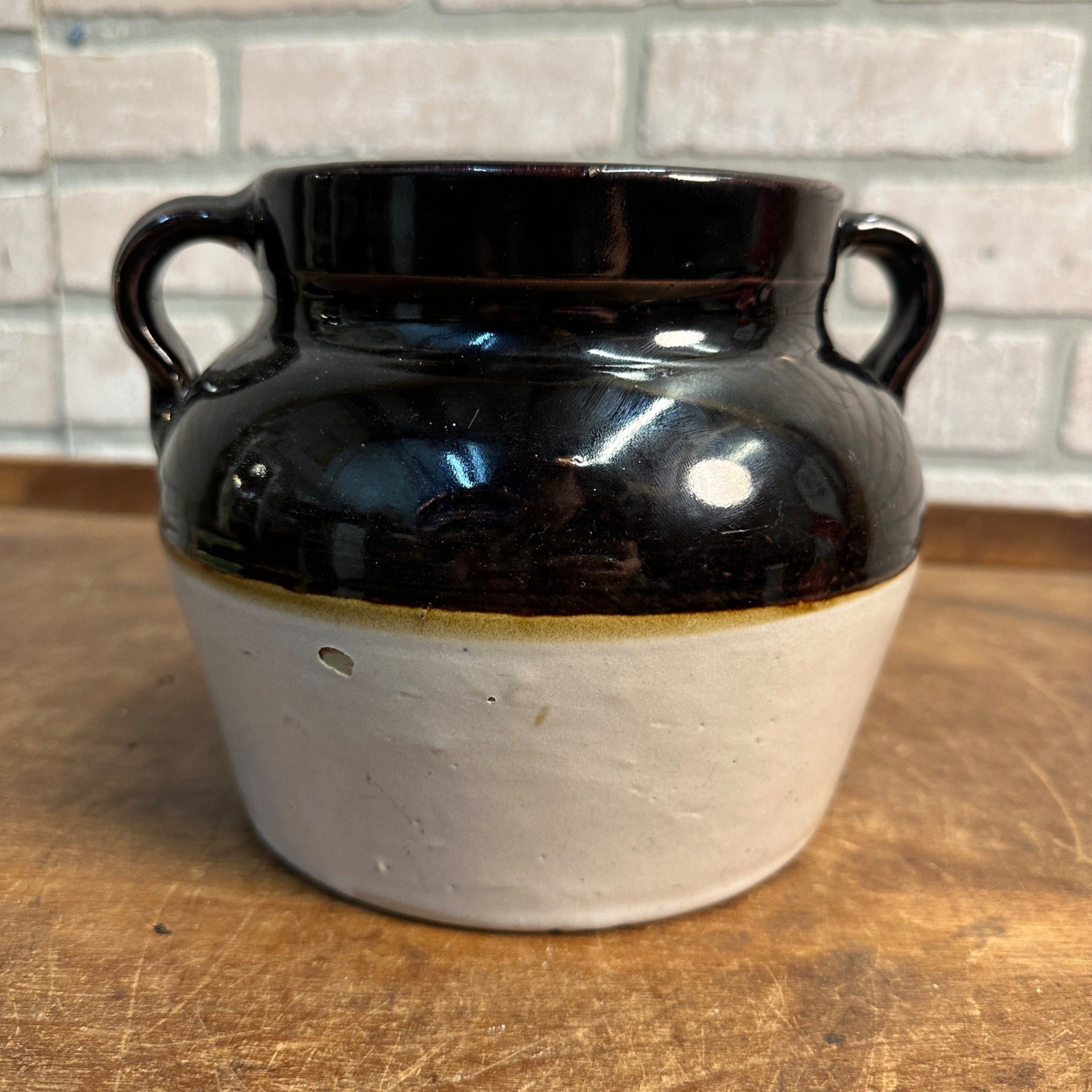 Antique Two-Tone Black Dark Brown Bean Pot Stoneware Pottery No Lid