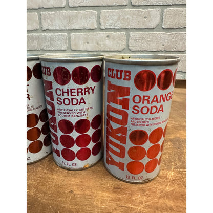 Vintage Yukon Club Soda Pop Cans (4) Orange Cherry Root Beer Steel Pull Tab Flat Top