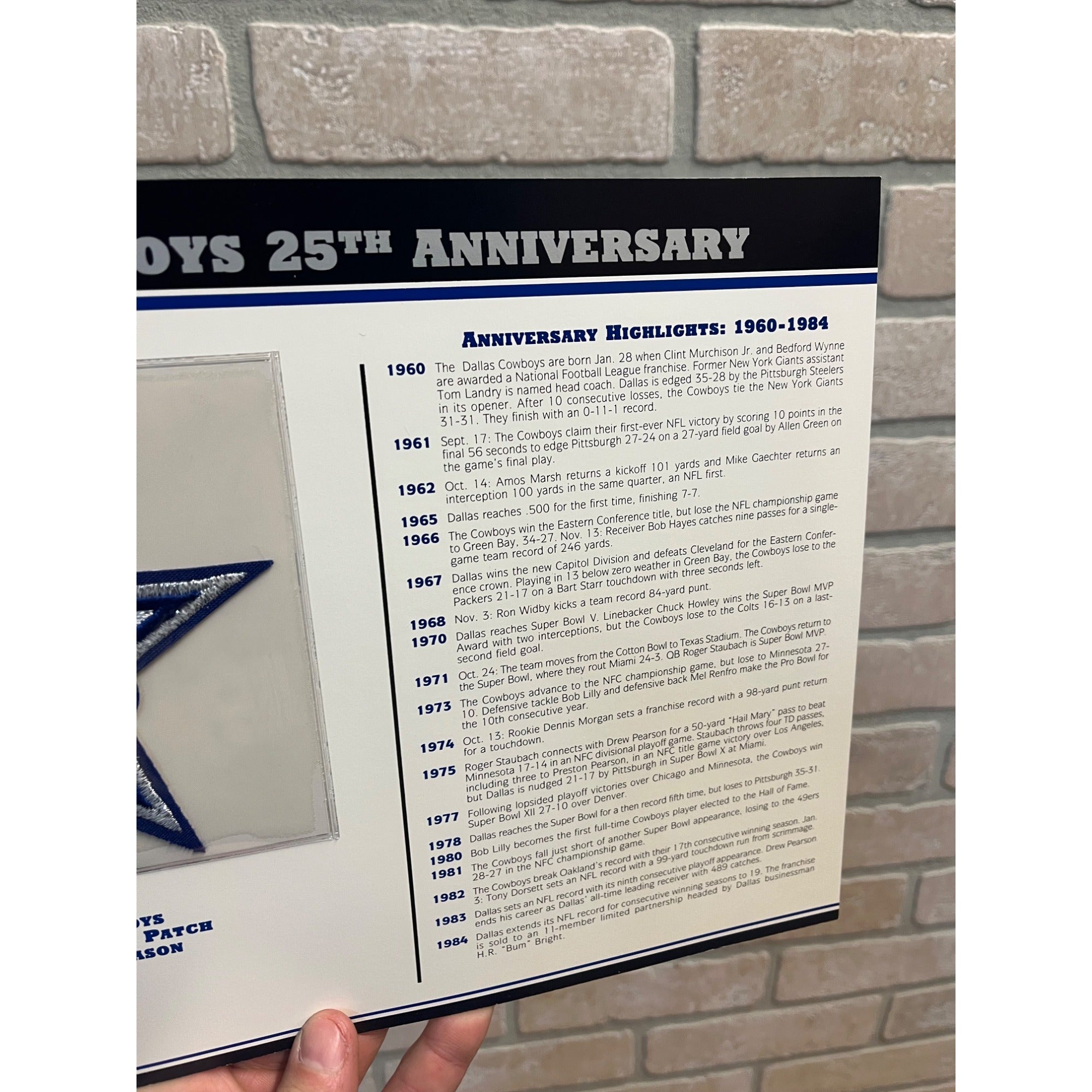 Dallas Cowboys ~ 25th Anniversary NFL Patch Stat Card Willabee & Ward Sheet