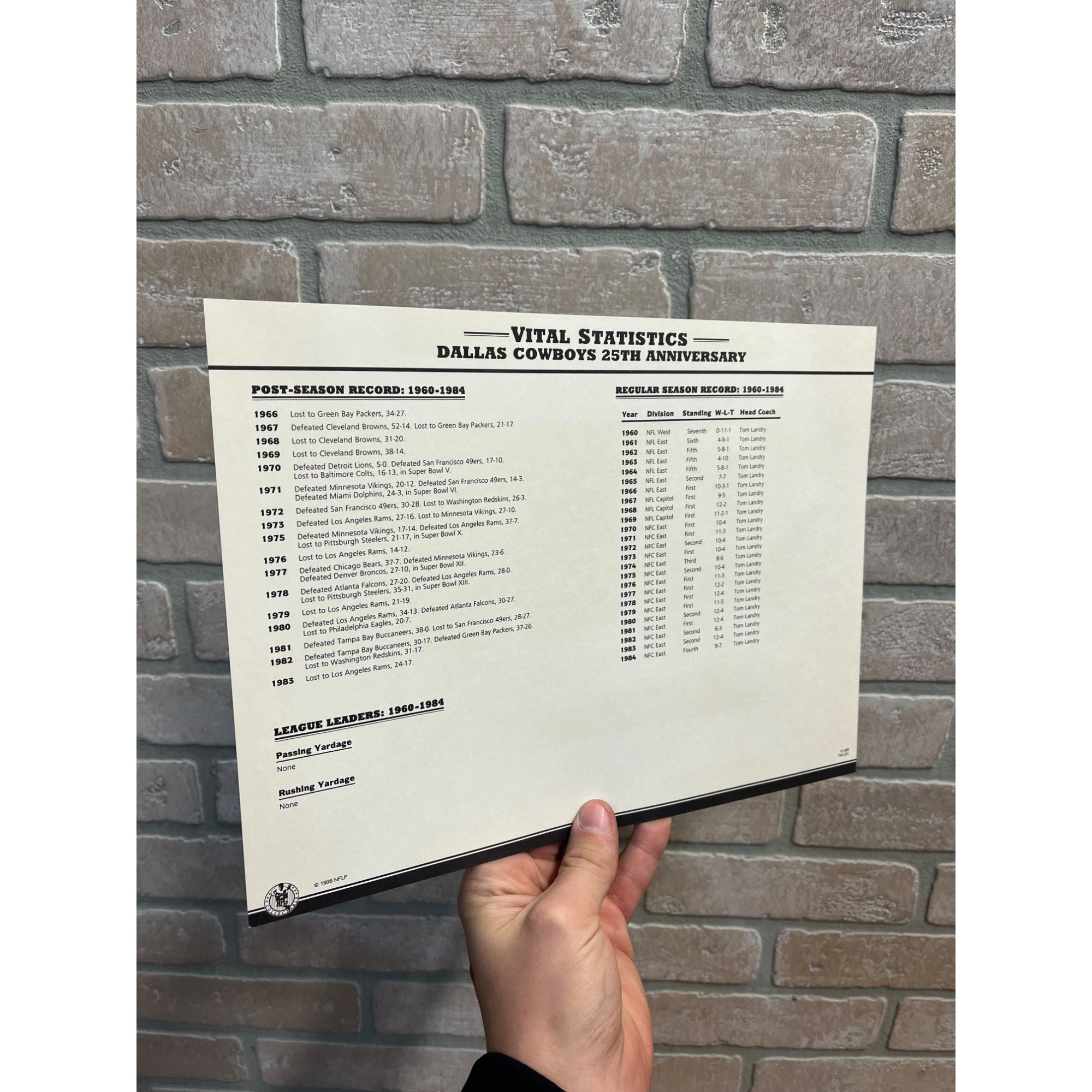 Dallas Cowboys ~ 25th Anniversary NFL Patch Stat Card Willabee & Ward Sheet