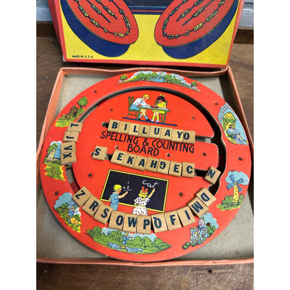 Vintage 1930s Children's Spelling & Counting Board Learning Game w/ Box