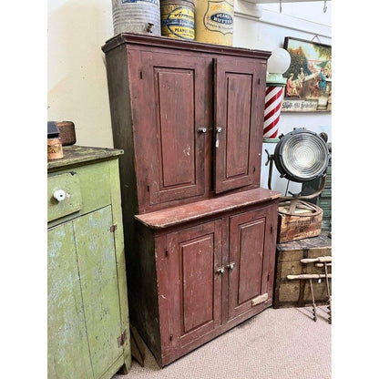 Antique Primitive Red Wooden Stepback Hutch Pantry Cupboard 19th Century