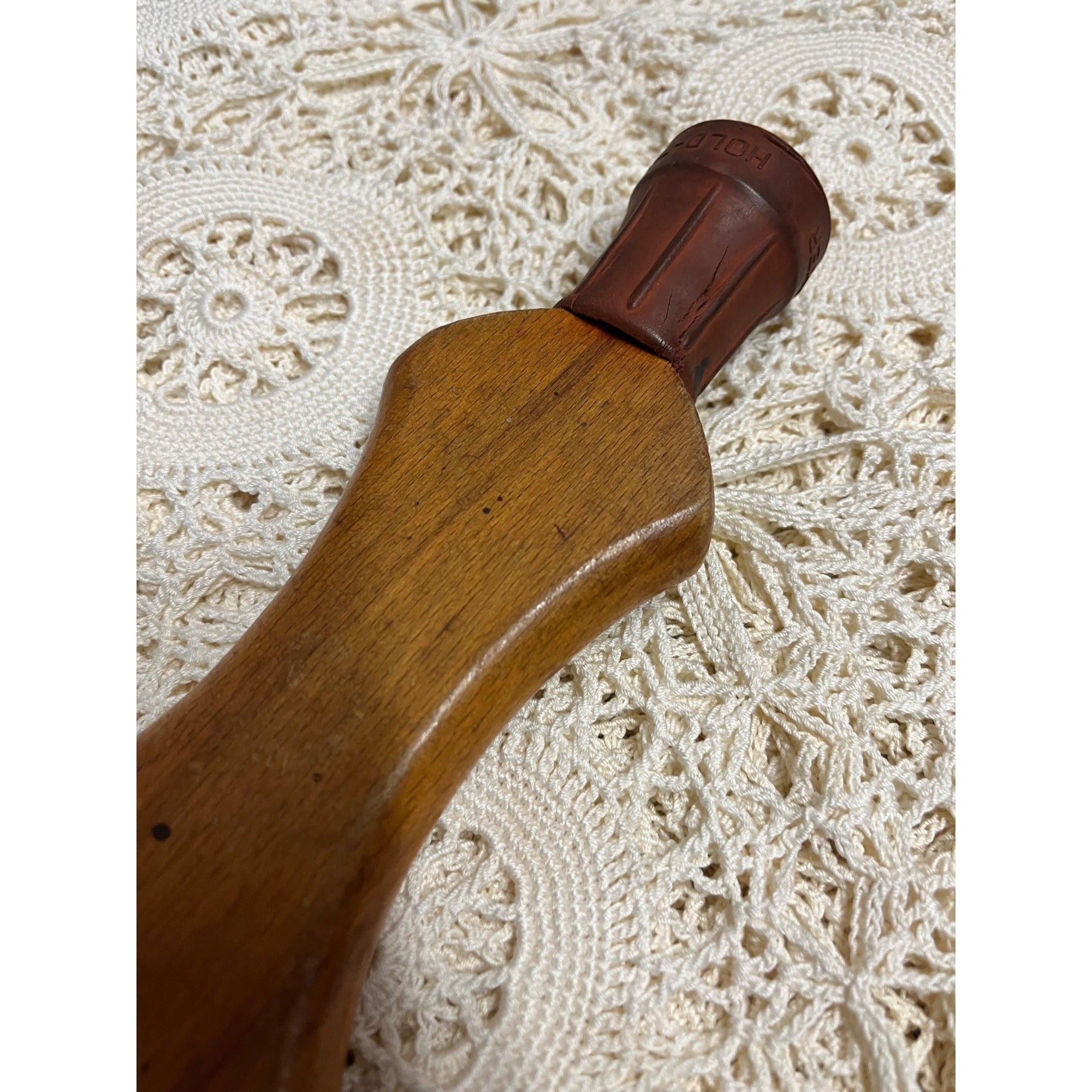 Primitive ANTIQUE Vintage LEATHER Nylon WEBBING / CARPET STRETCHER WOODEN TOOL
