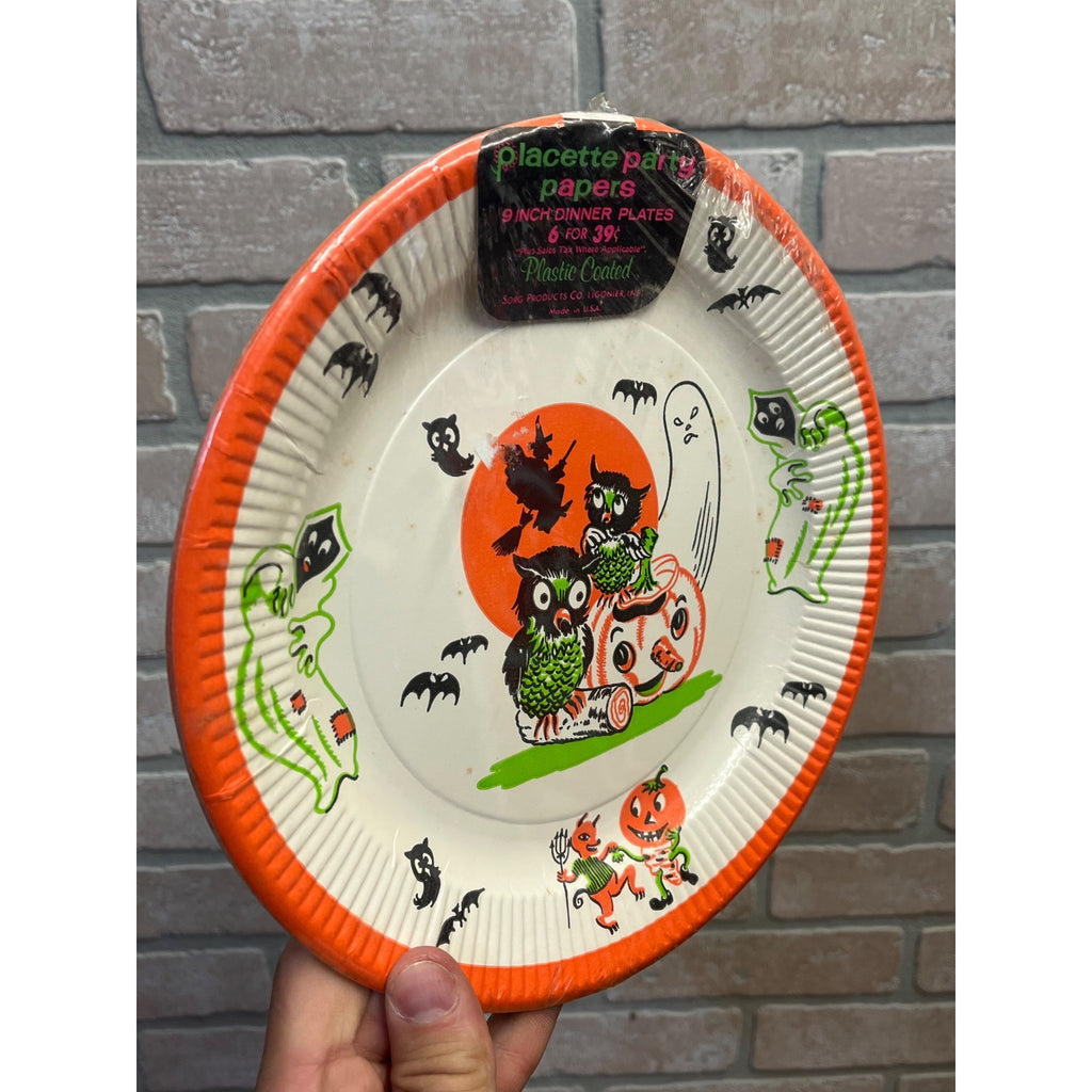 Vintage Halloween Sorg Products Co 9"" Party Plates Unopened Ghost Owl Devil