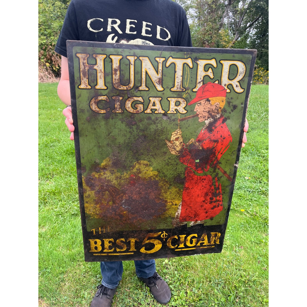 Antique 1930s Hunter Cigar Tin Advertising Sign 27" x 20"