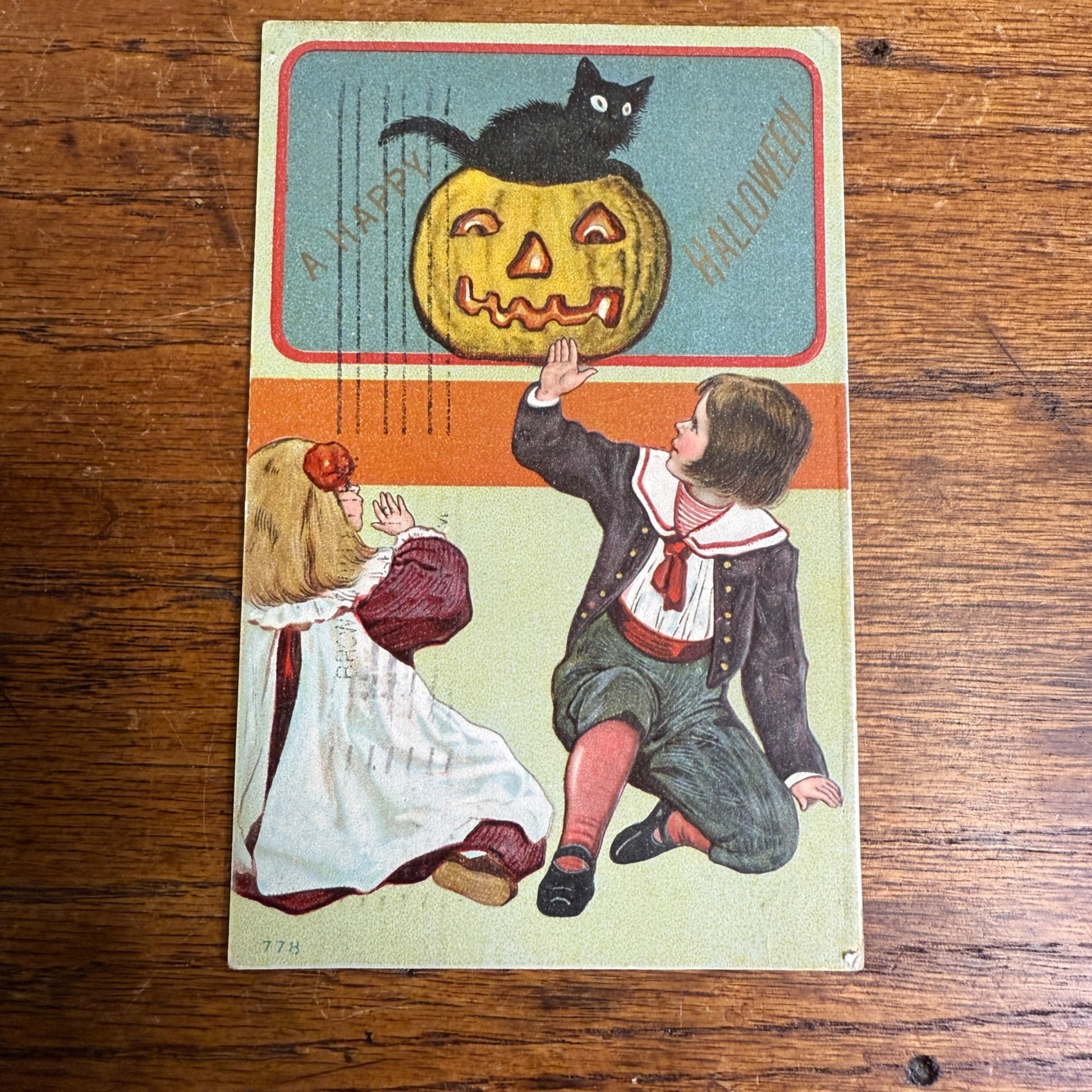 Vintage 1912 Halloween Postcard Children JOL Black Cat Girl Boy Sailor Suit 778