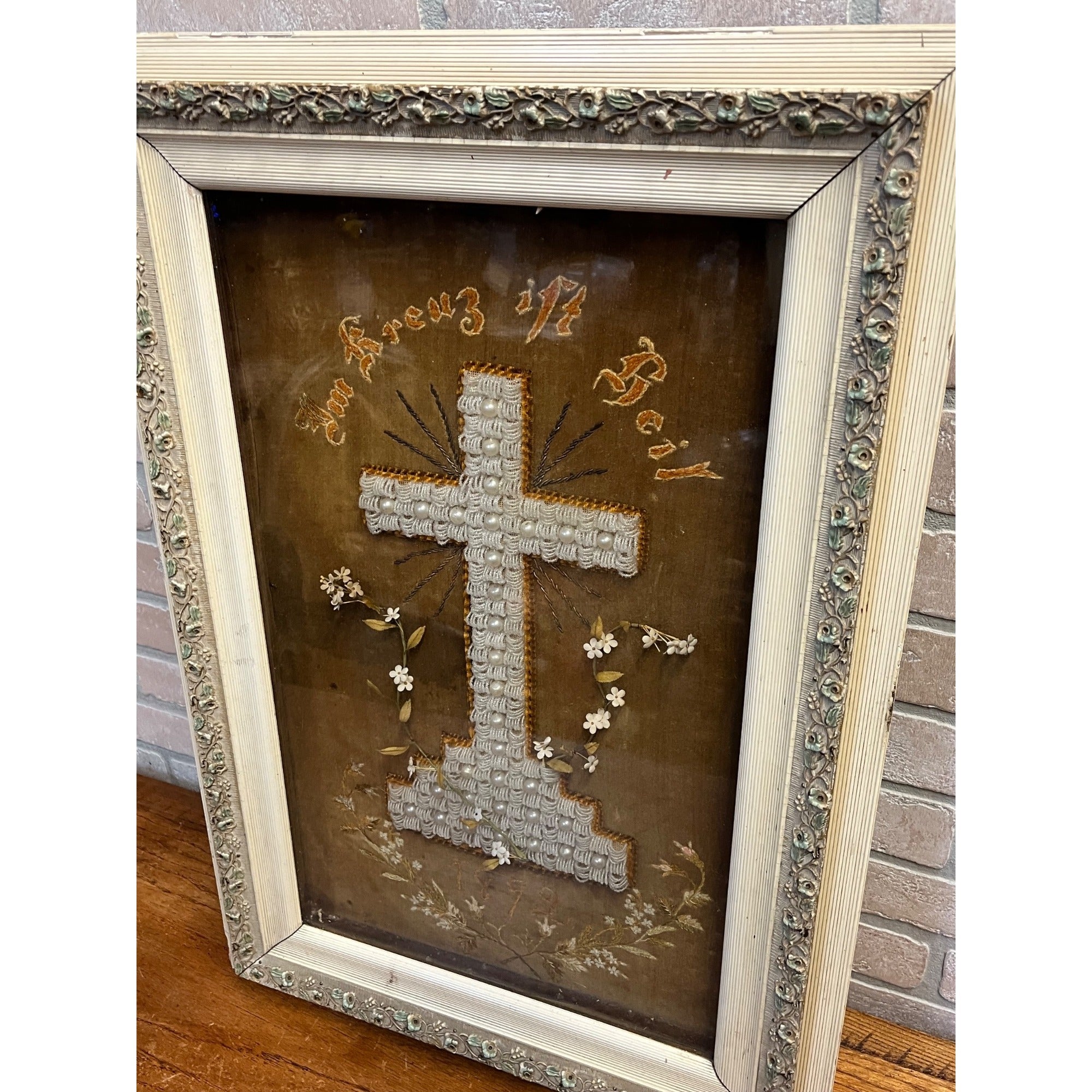 Antique 1892 German Mourning Memorial Cross Beadwork Framed Victorian Folk Art