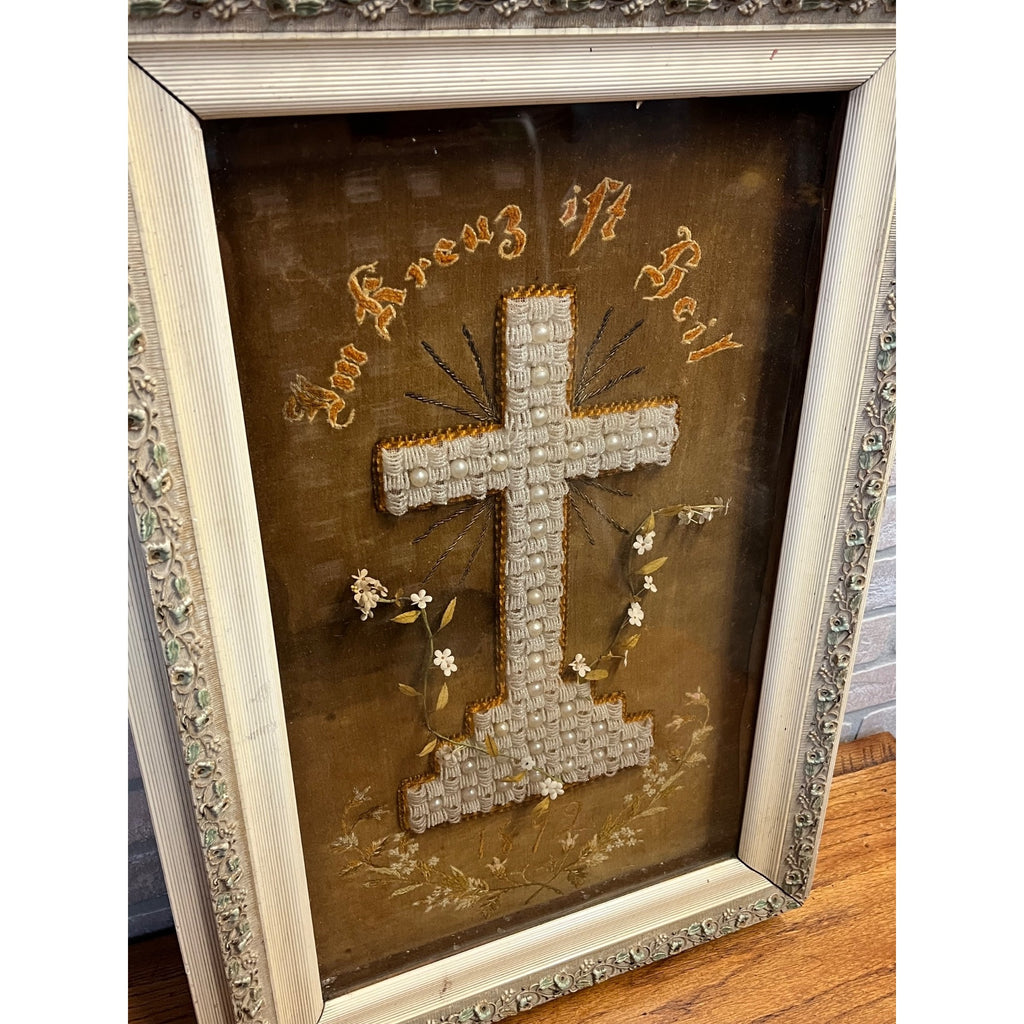 Antique 1892 German Mourning Memorial Cross Beadwork Framed Victorian Folk Art
