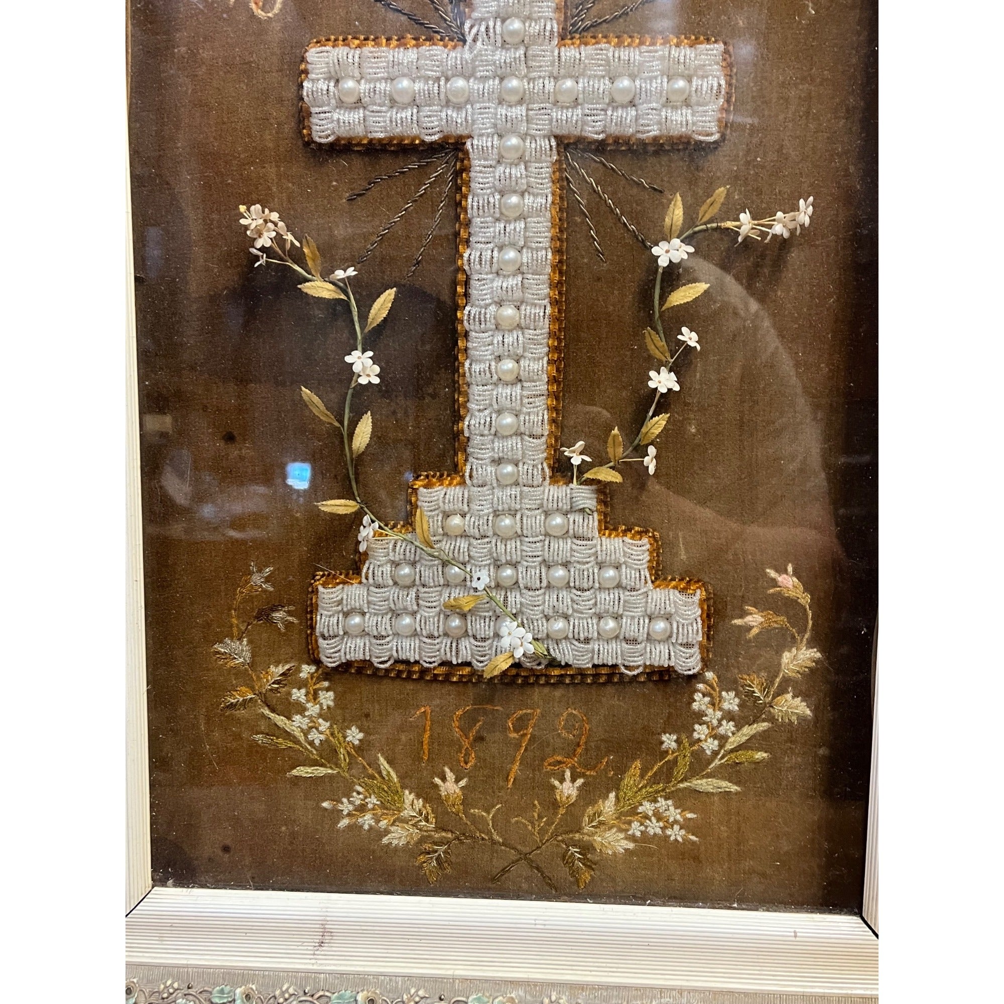 Antique 1892 German Mourning Memorial Cross Beadwork Framed Victorian Folk Art