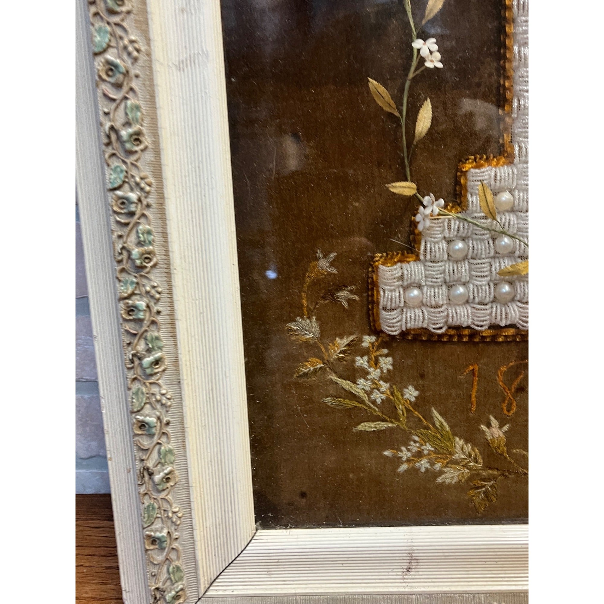 Antique 1892 German Mourning Memorial Cross Beadwork Framed Victorian Folk Art