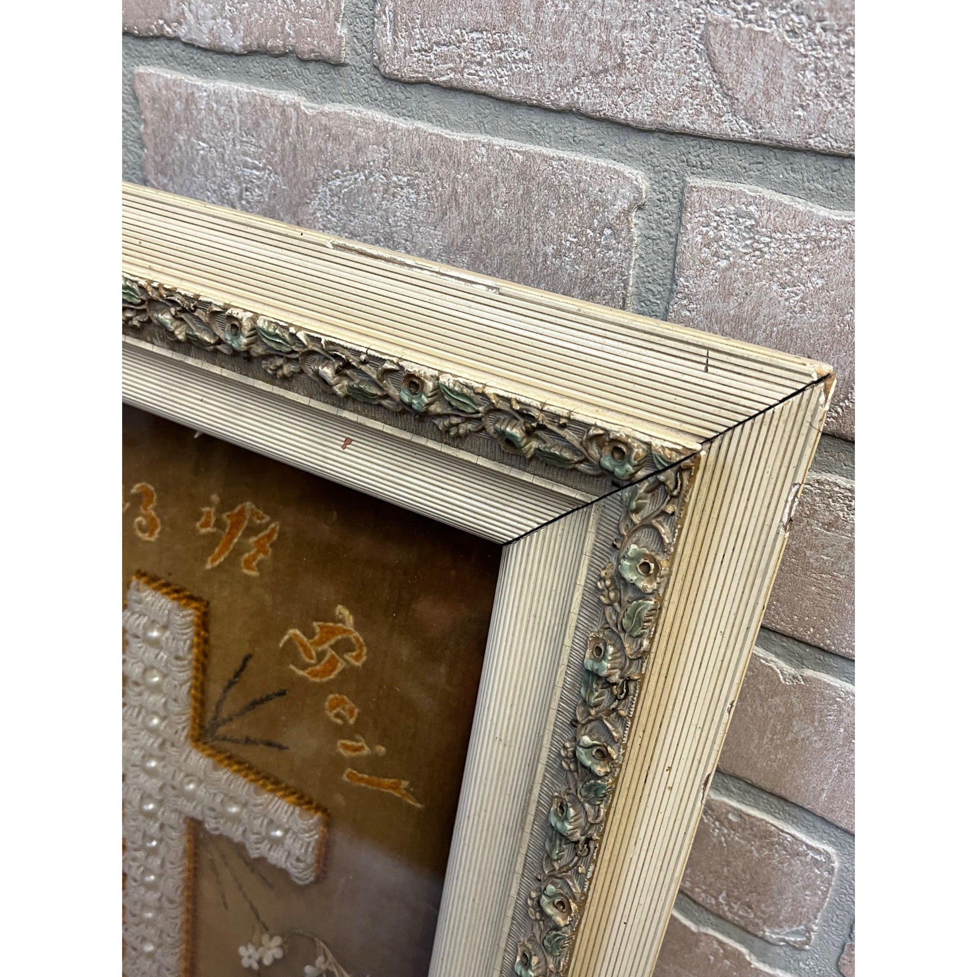 Antique 1892 German Mourning Memorial Cross Beadwork Framed Victorian Folk Art