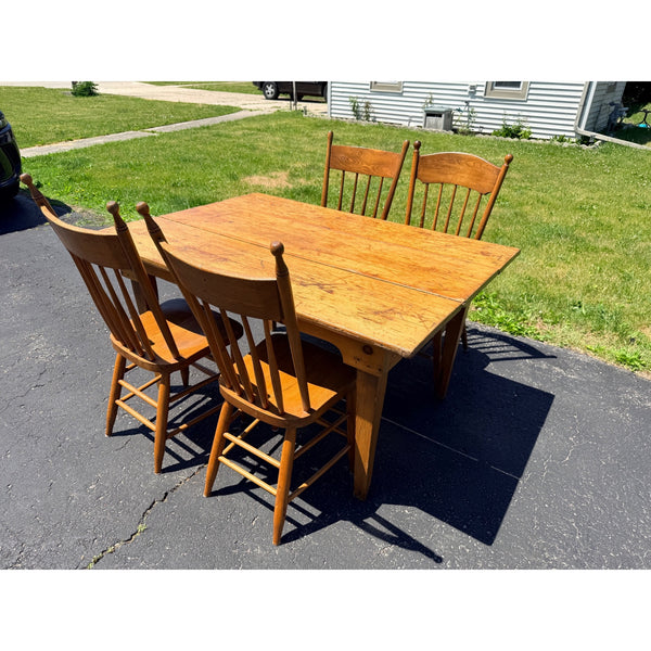 Antique 1880s Primitive Pine Farmhouse Table | Country Kitchen Dining Table w/ 4 Chairs