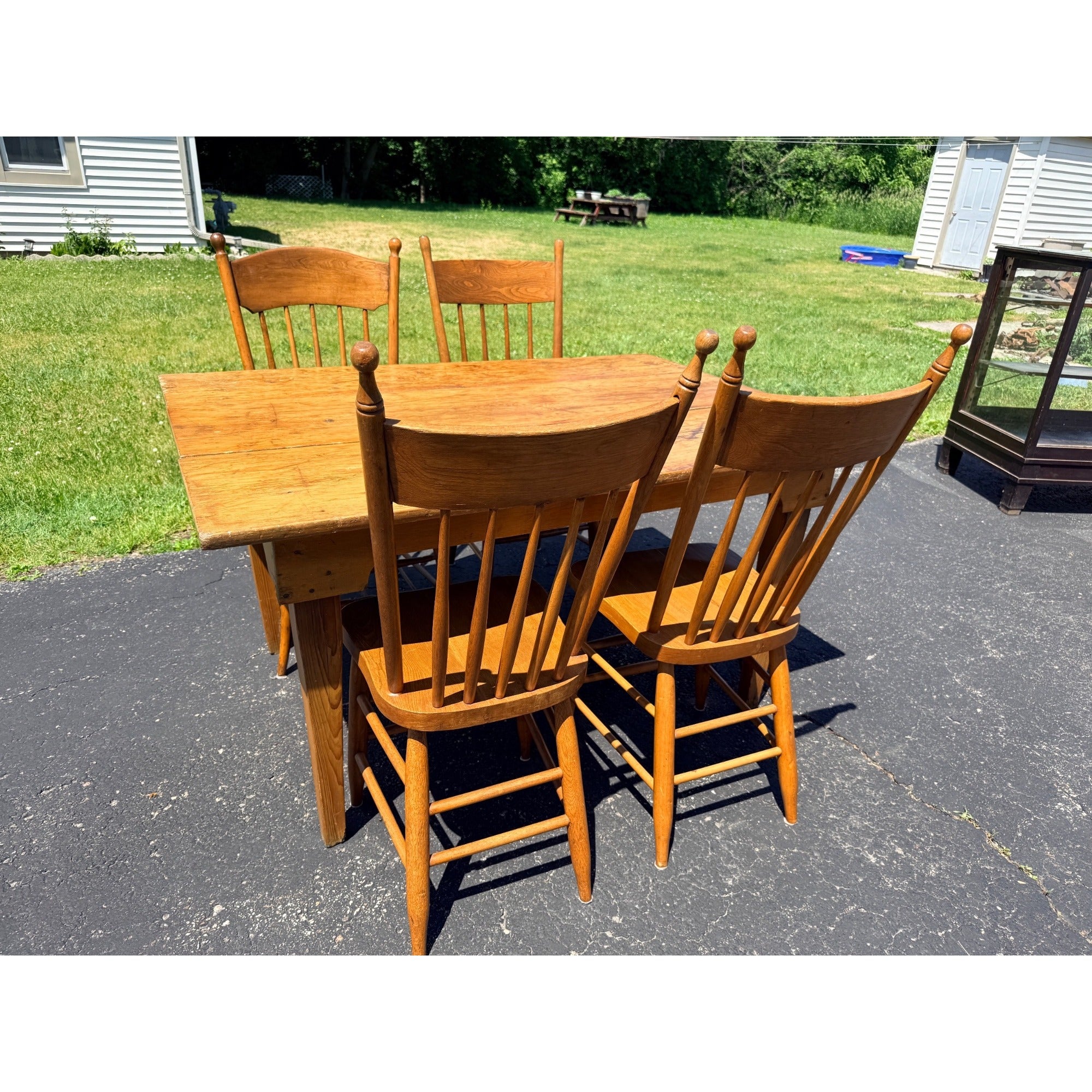 Antique 1880s Primitive Pine Farmhouse Table | Country Kitchen Dining Table w/ 4 Chairs