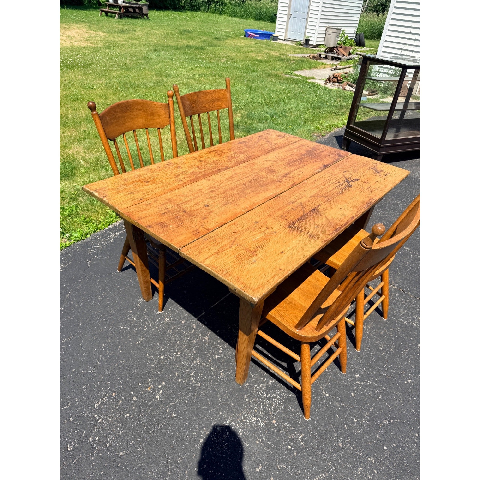 Antique 1880s Primitive Pine Farmhouse Table | Country Kitchen Dining Table w/ 4 Chairs