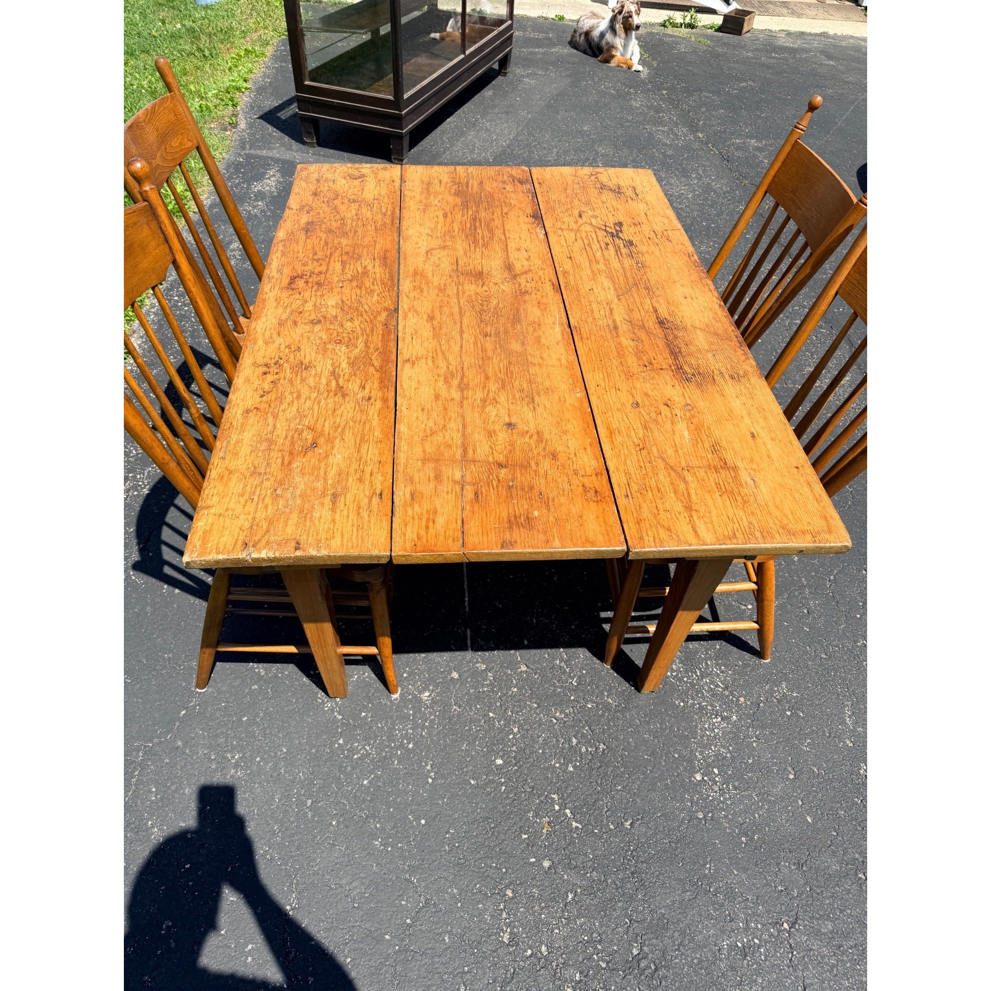 Antique 1880s Primitive Pine Farmhouse Table | Country Kitchen Dining Table w/ 4 Chairs
