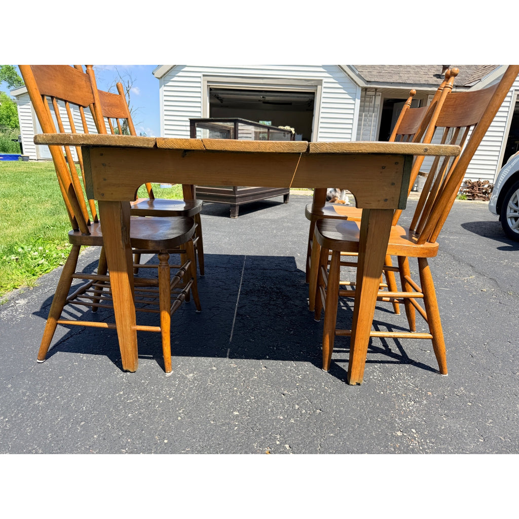 Antique 1880s Primitive Pine Farmhouse Table | Country Kitchen Dining Table w/ 4 Chairs