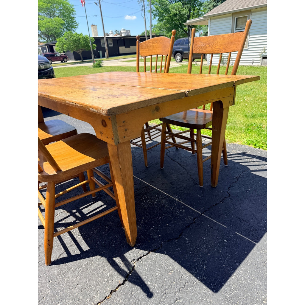 Antique 1880s Primitive Pine Farmhouse Table | Country Kitchen Dining Table w/ 4 Chairs