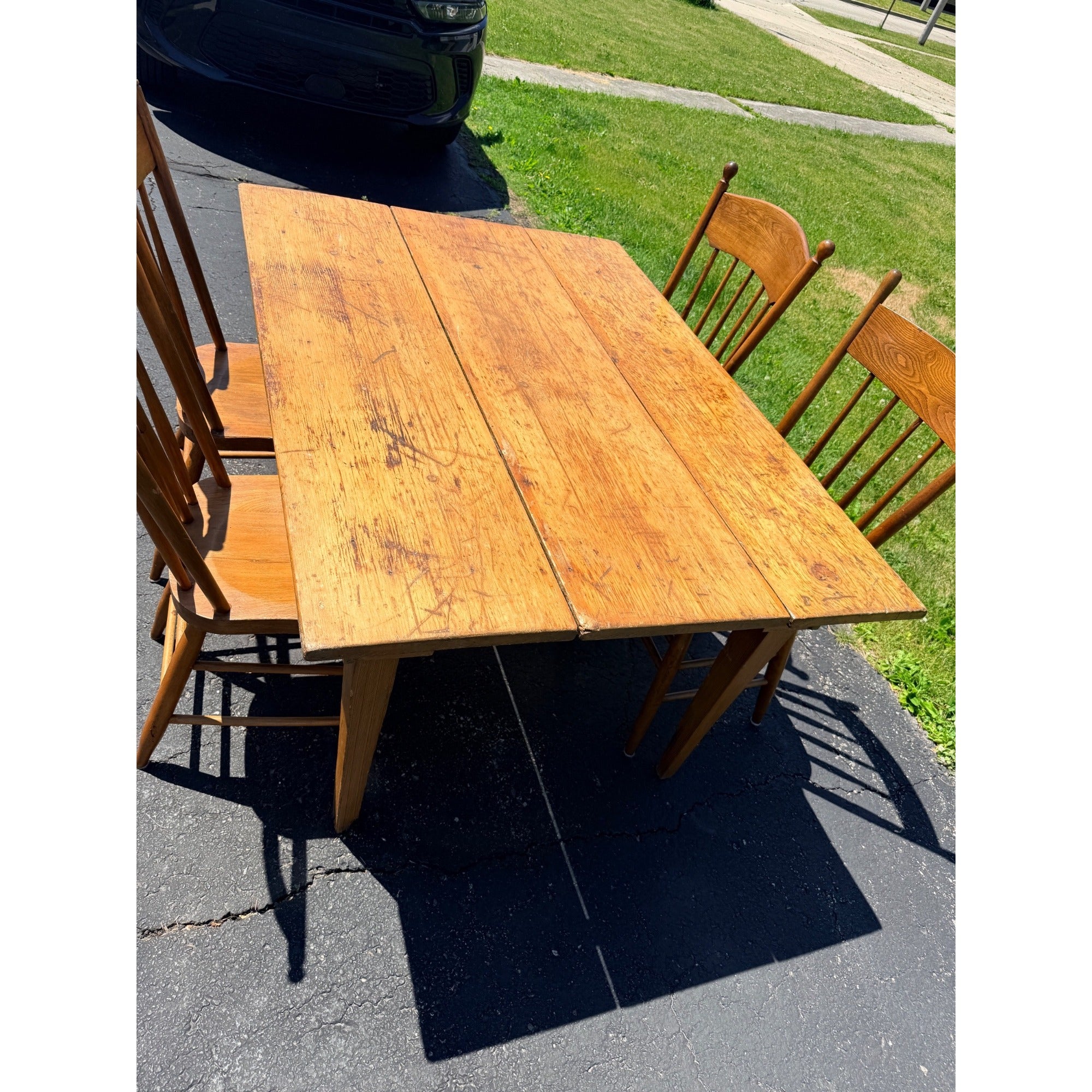 Antique 1880s Primitive Pine Farmhouse Table | Country Kitchen Dining Table w/ 4 Chairs