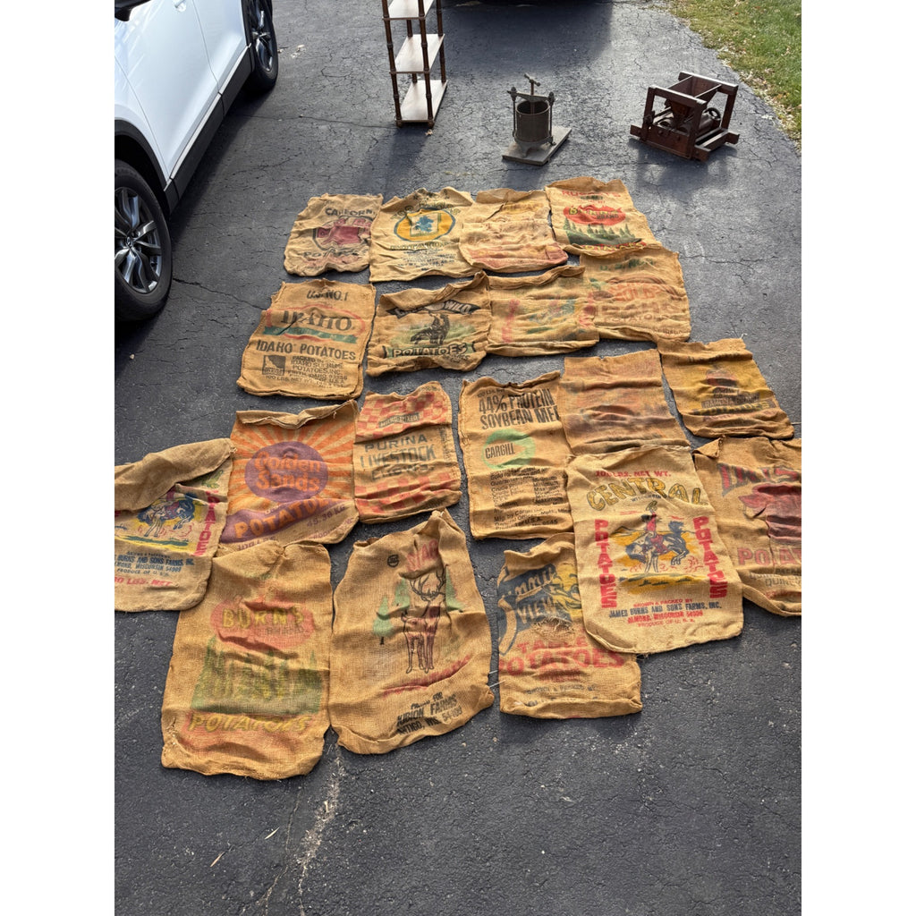 Lot of Burlap Potato Feed Sack Grain Bags Advertising Rough