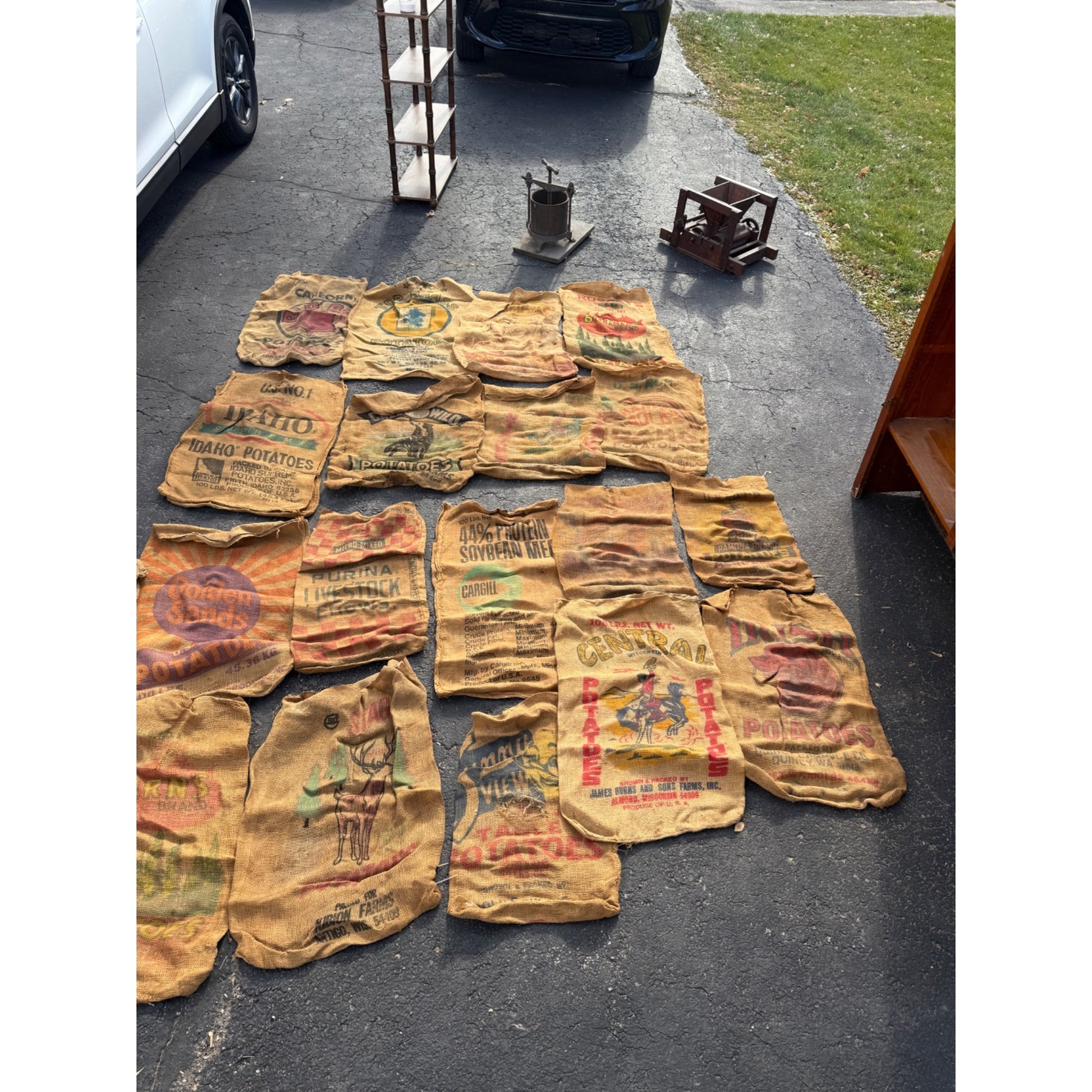 Lot of Burlap Potato Feed Sack Grain Bags Advertising Rough
