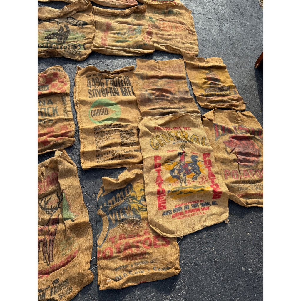 Lot of Burlap Potato Feed Sack Grain Bags Advertising Rough
