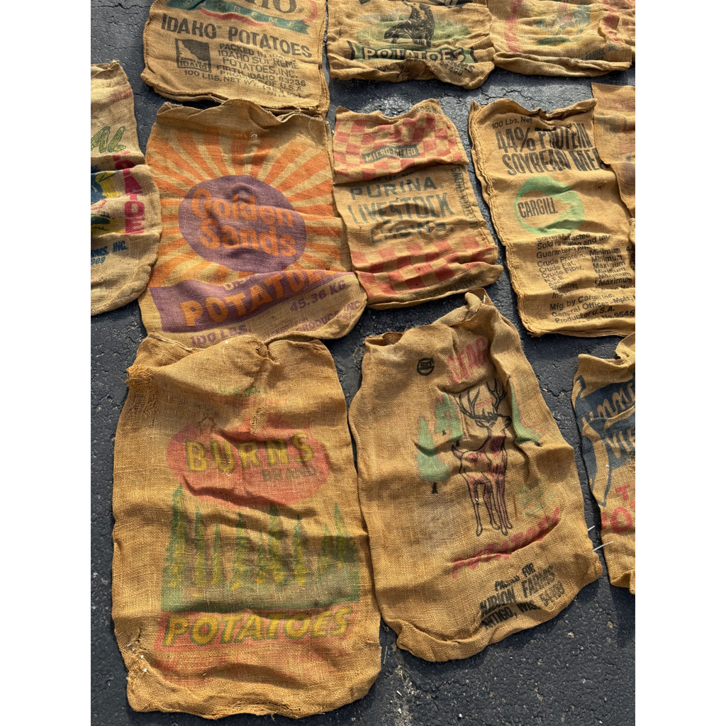 Lot of Burlap Potato Feed Sack Grain Bags Advertising Rough