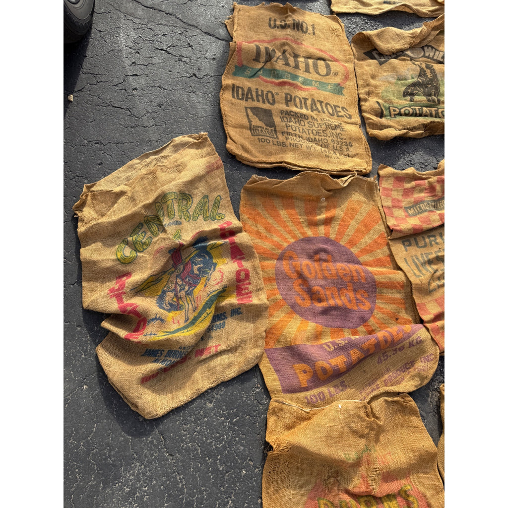 Lot of Burlap Potato Feed Sack Grain Bags Advertising Rough