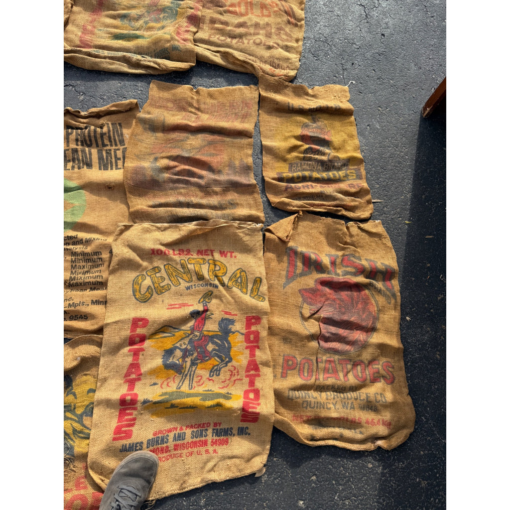 Lot of Burlap Potato Feed Sack Grain Bags Advertising Rough