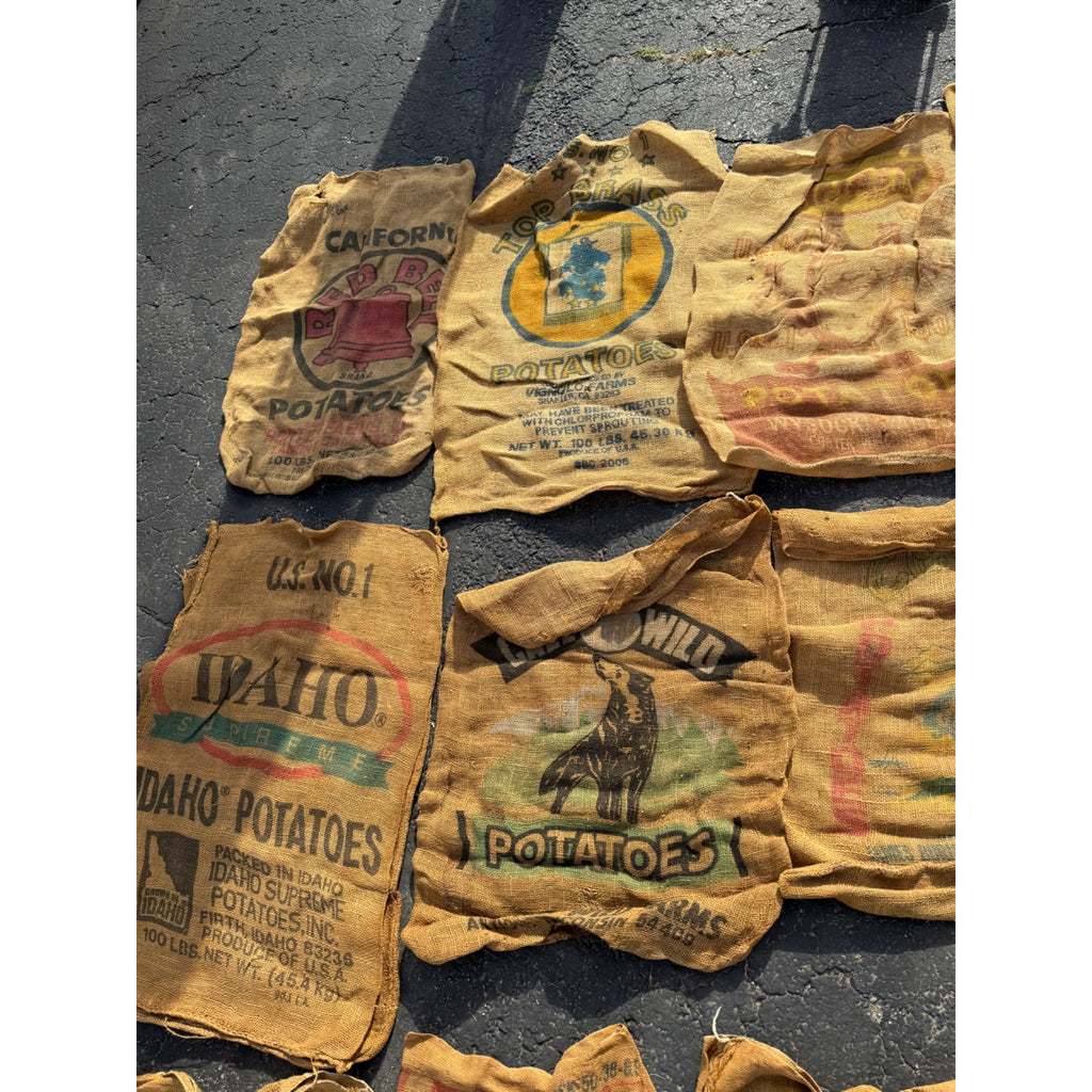 Lot of Burlap Potato Feed Sack Grain Bags Advertising Rough