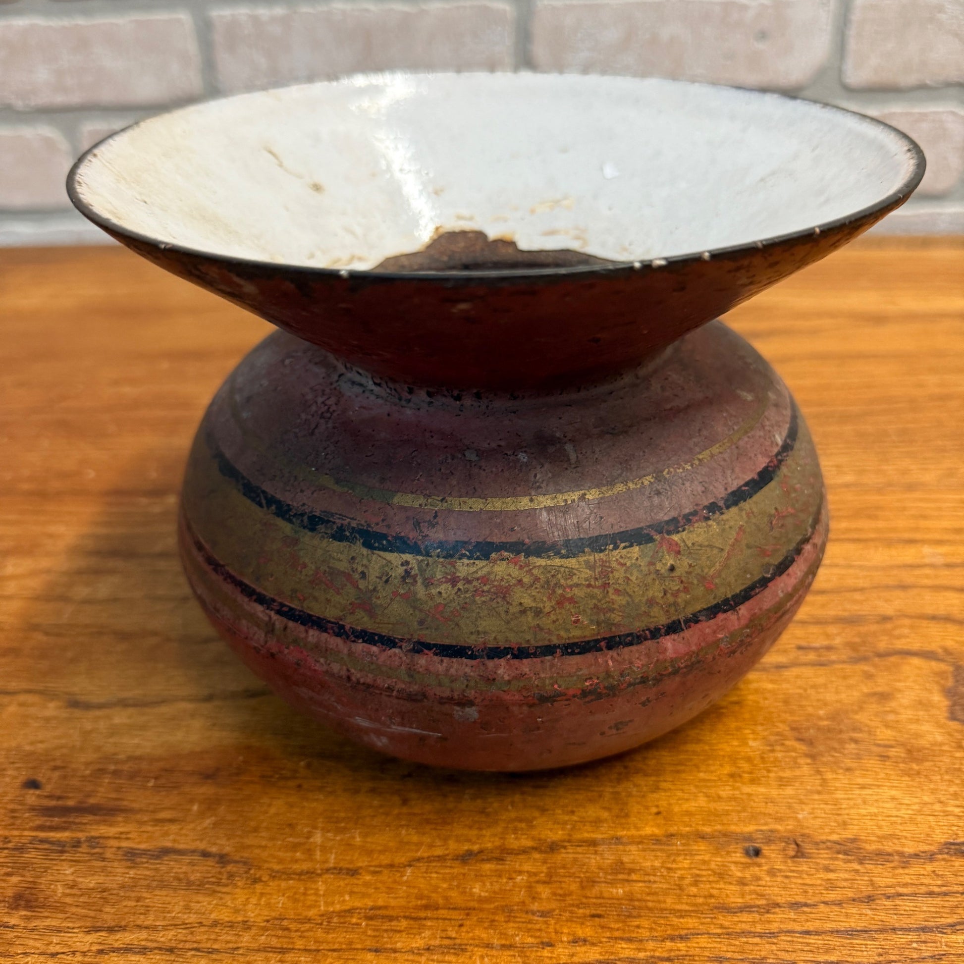 Antique Primitive 19th c. Cast Iron Spittoon Enameled Red & Gold Paint