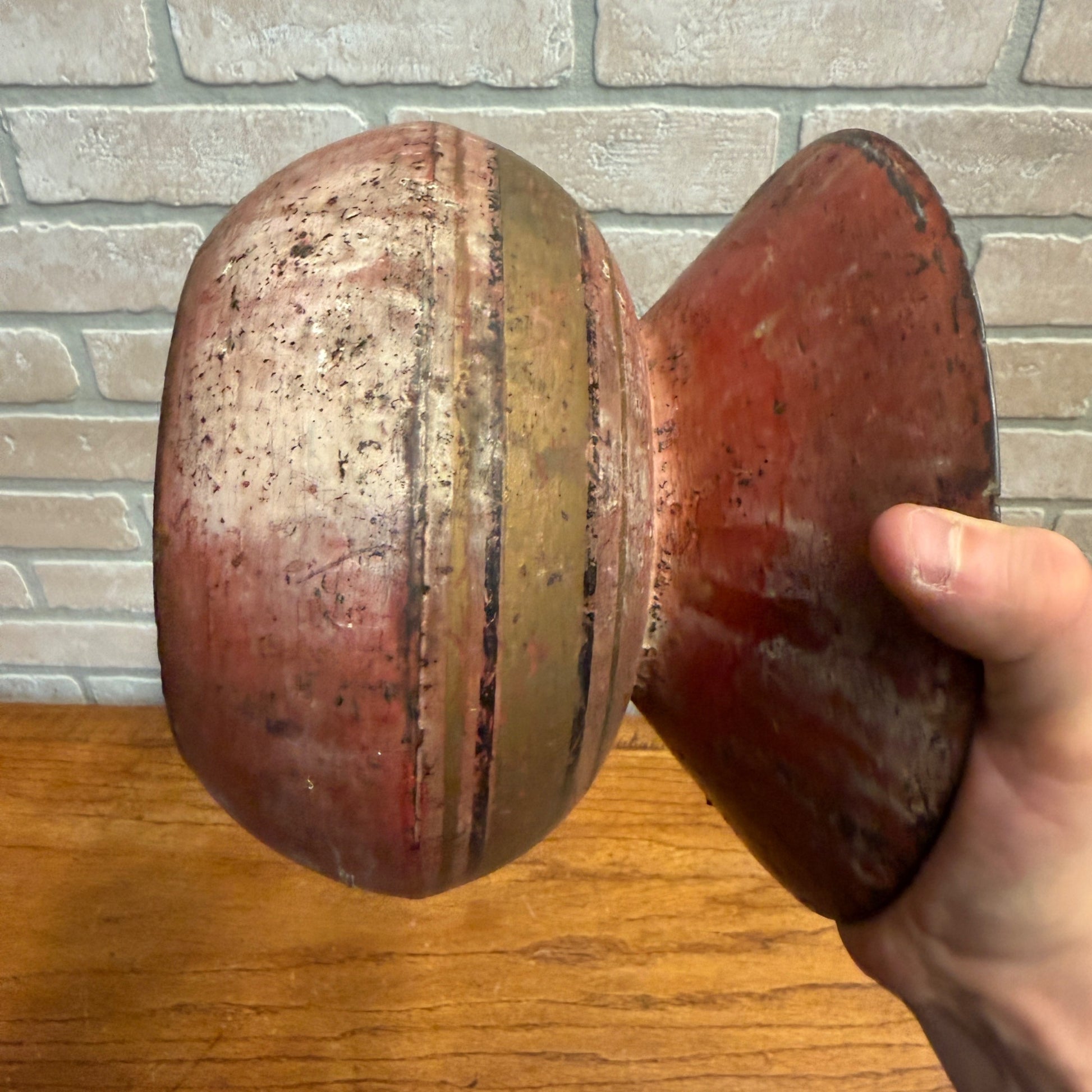 Antique Primitive 19th c. Cast Iron Spittoon Enameled Red & Gold Paint