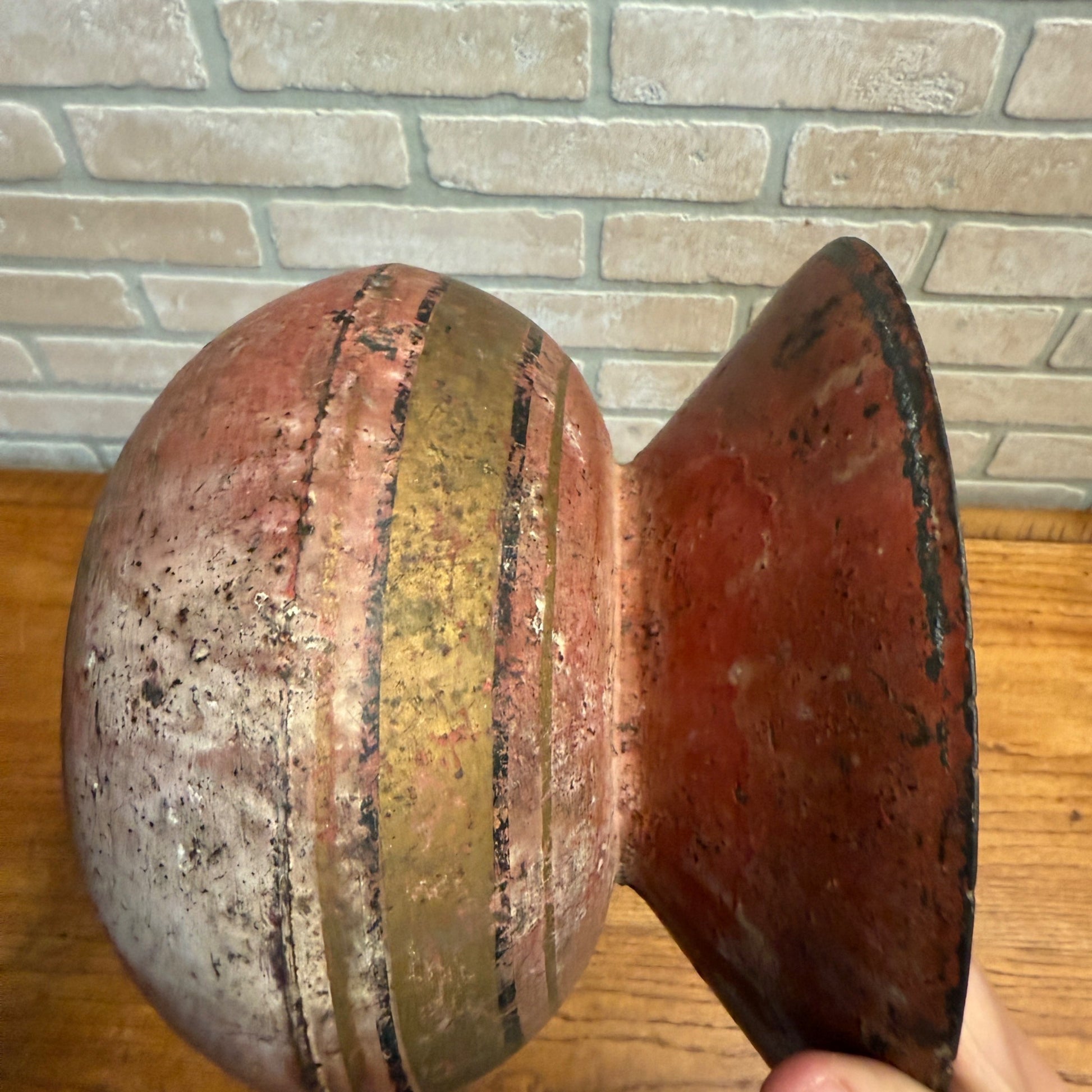 Antique Primitive 19th c. Cast Iron Spittoon Enameled Red & Gold Paint