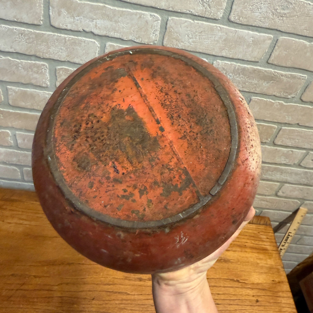 Antique Primitive 19th c. Cast Iron Spittoon Enameled Red & Gold Paint