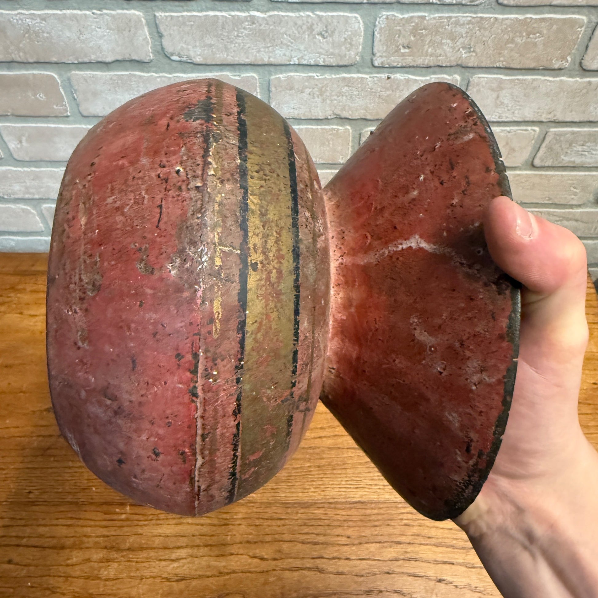Antique Primitive 19th c. Cast Iron Spittoon Enameled Red & Gold Paint