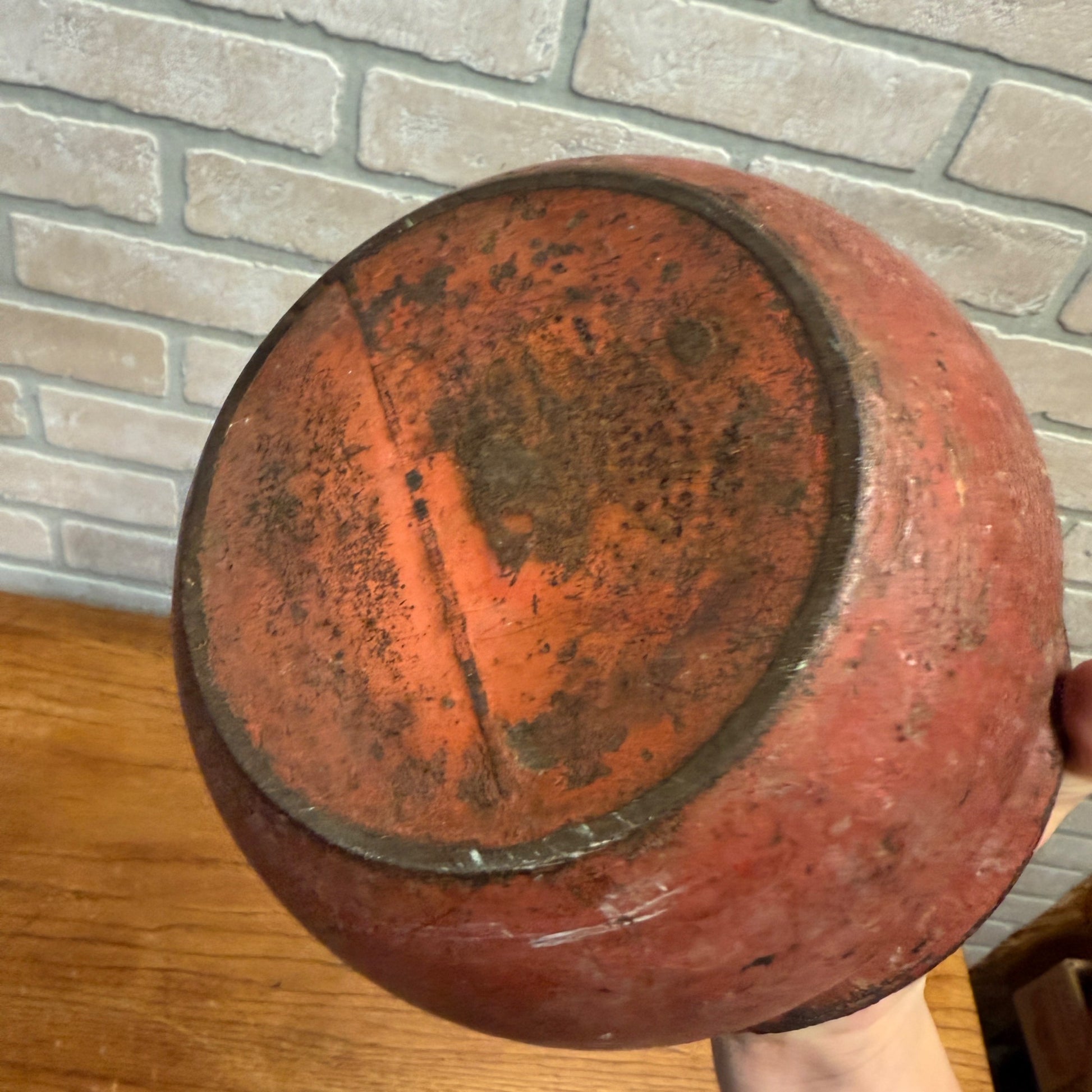 Antique Primitive 19th c. Cast Iron Spittoon Enameled Red & Gold Paint