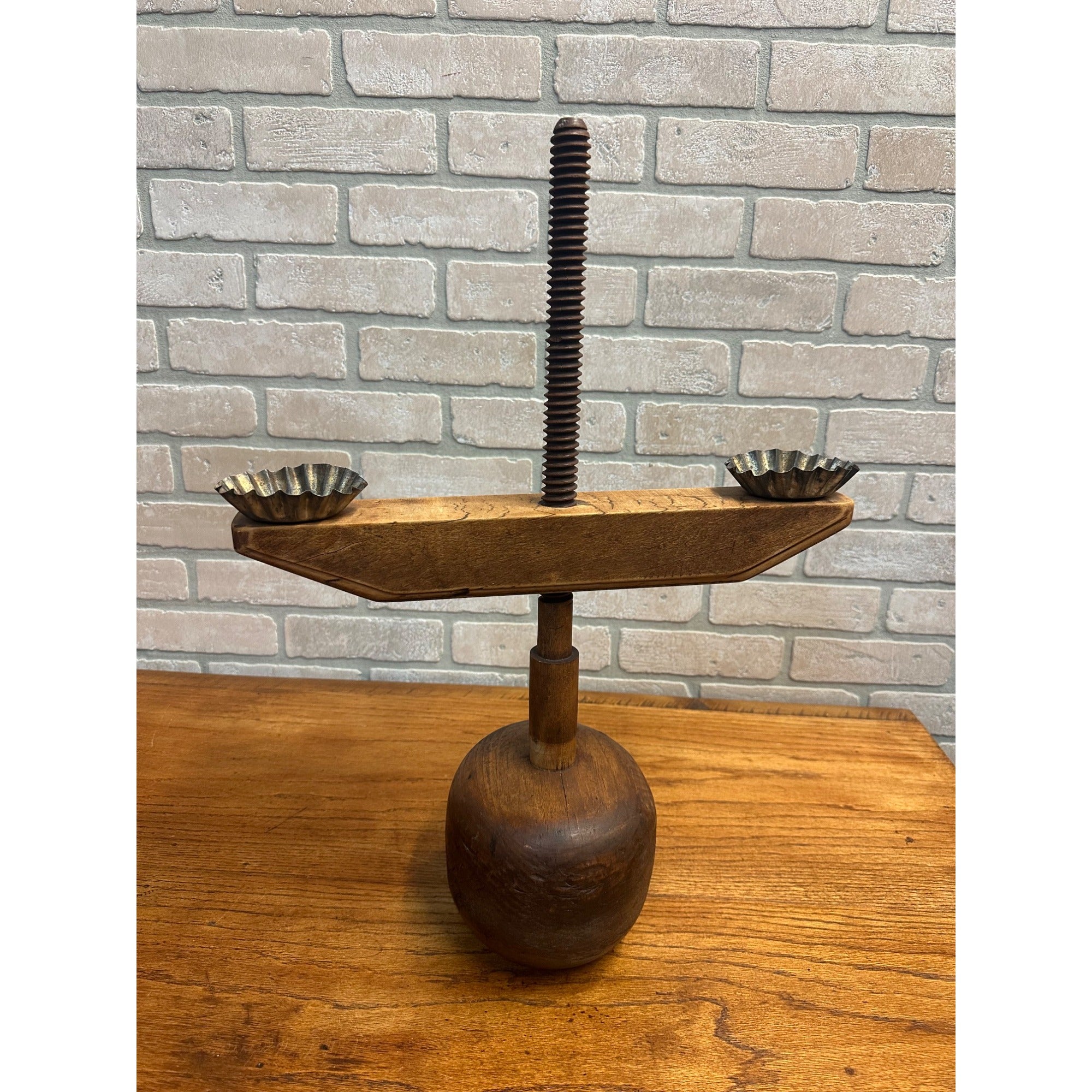 Antique Primitive Double Candle Stand Tin Wood Adjustable Height Weighted Base