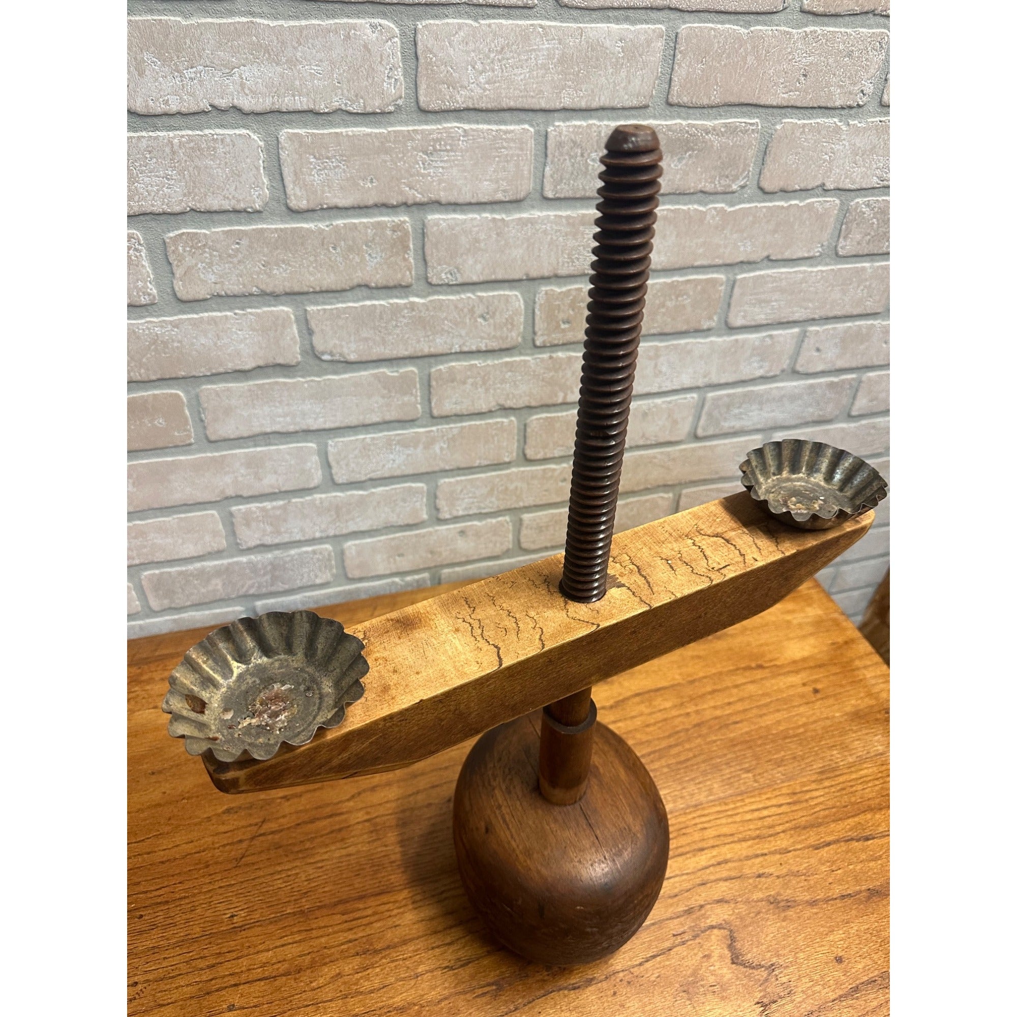 Antique Primitive Double Candle Stand Tin Wood Adjustable Height Weighted Base