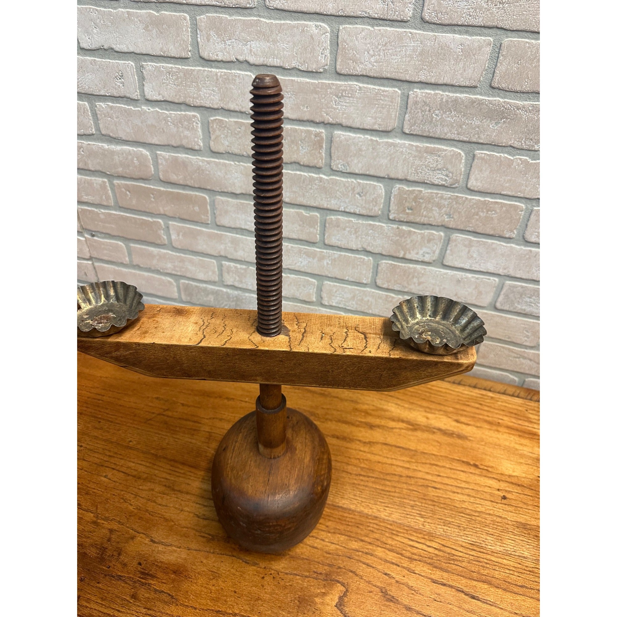 Antique Primitive Double Candle Stand Tin Wood Adjustable Height Weighted Base