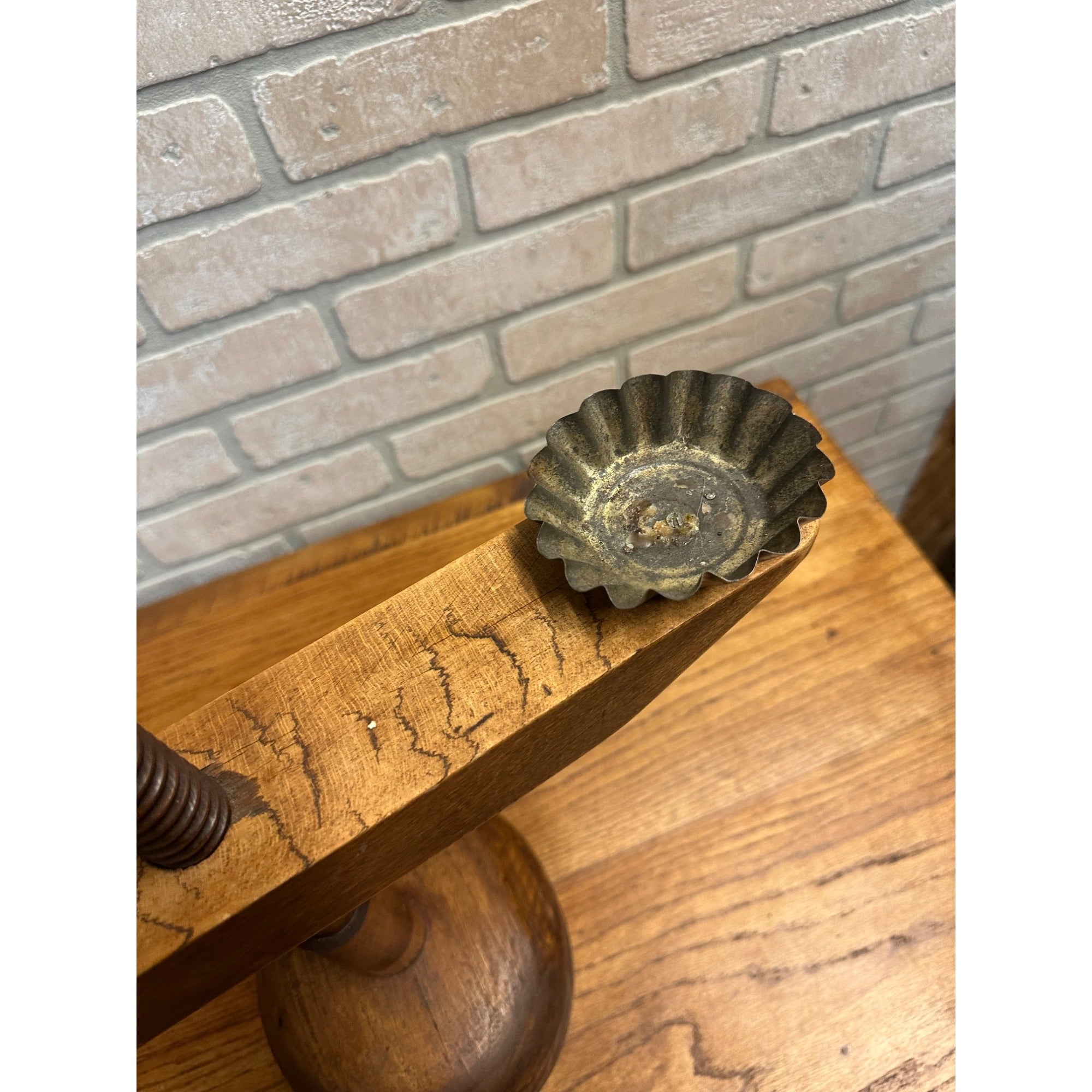 Antique Primitive Double Candle Stand Tin Wood Adjustable Height Weighted Base