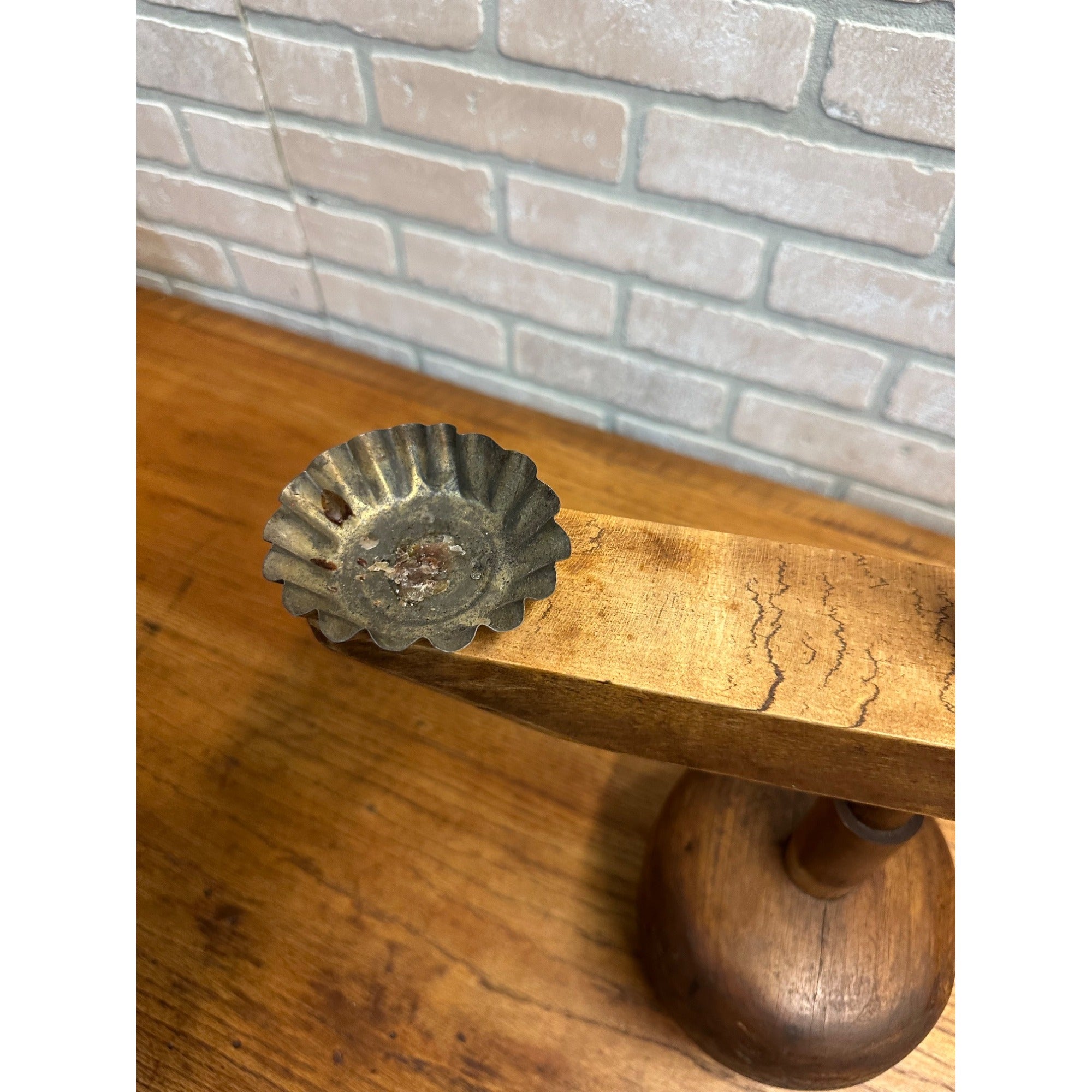 Antique Primitive Double Candle Stand Tin Wood Adjustable Height Weighted Base