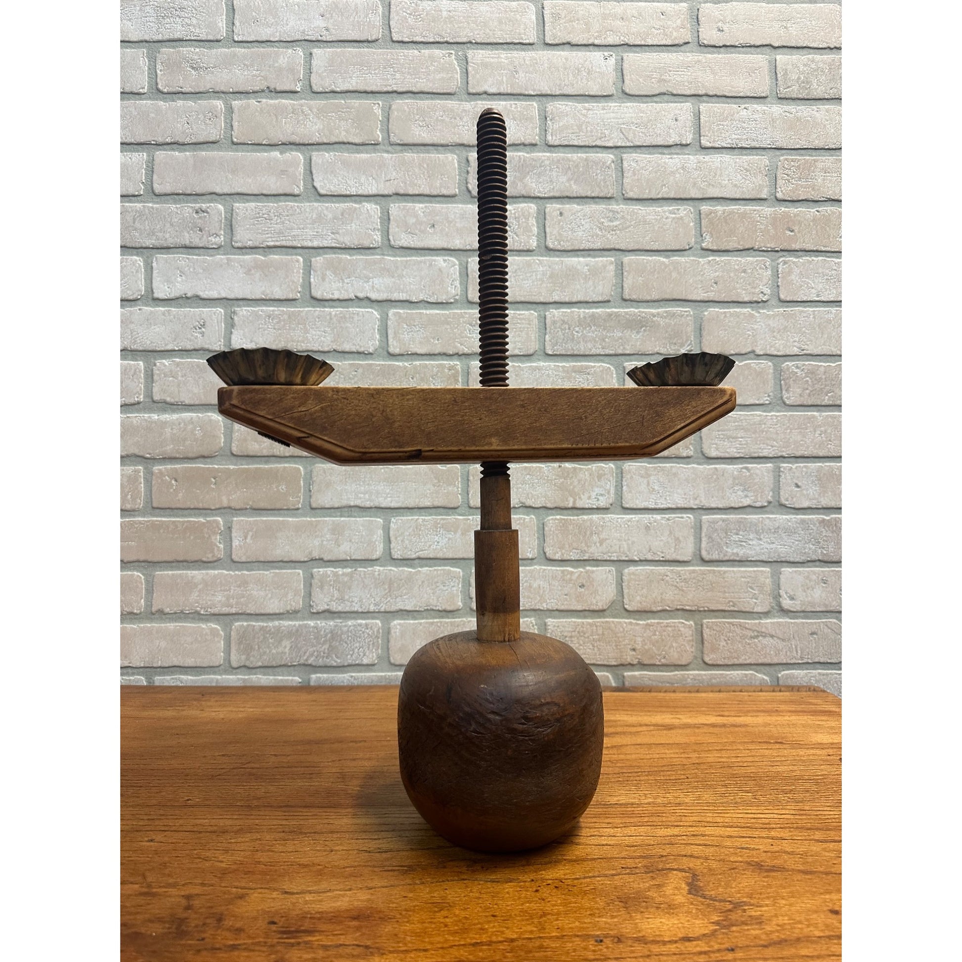 Antique Primitive Double Candle Stand Tin Wood Adjustable Height Weighted Base