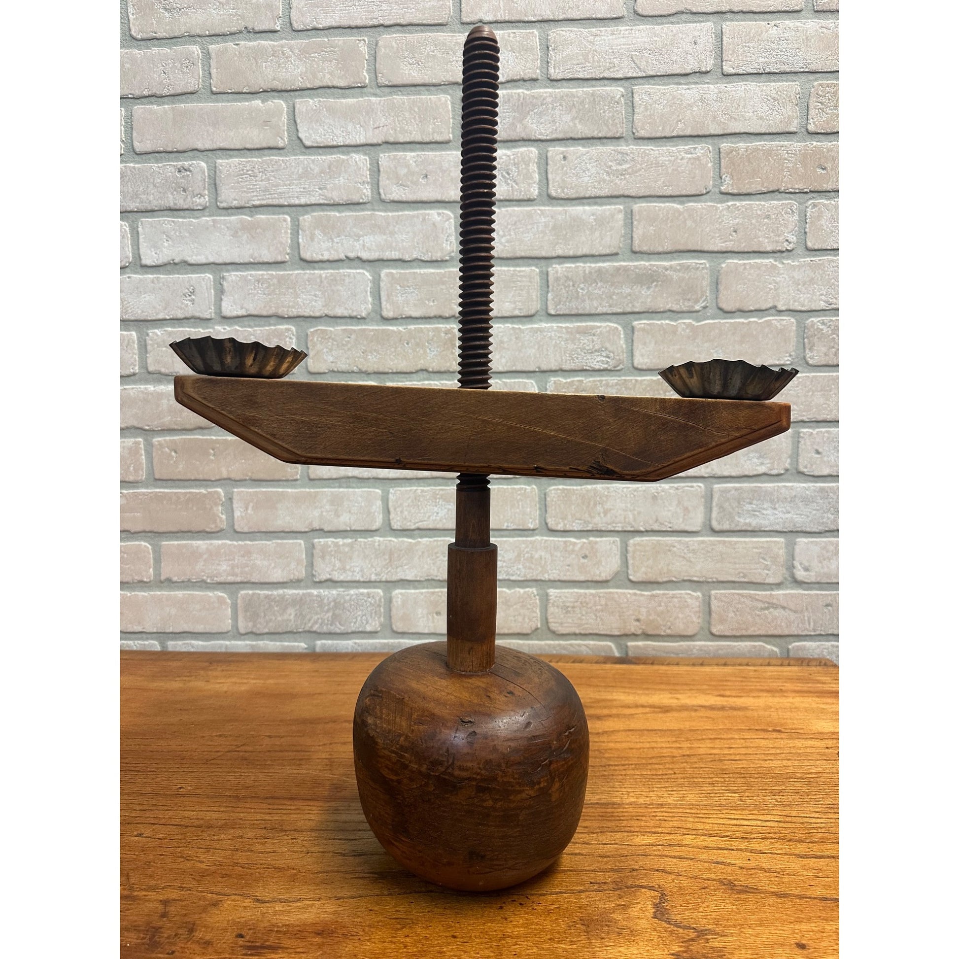 Antique Primitive Double Candle Stand Tin Wood Adjustable Height Weighted Base